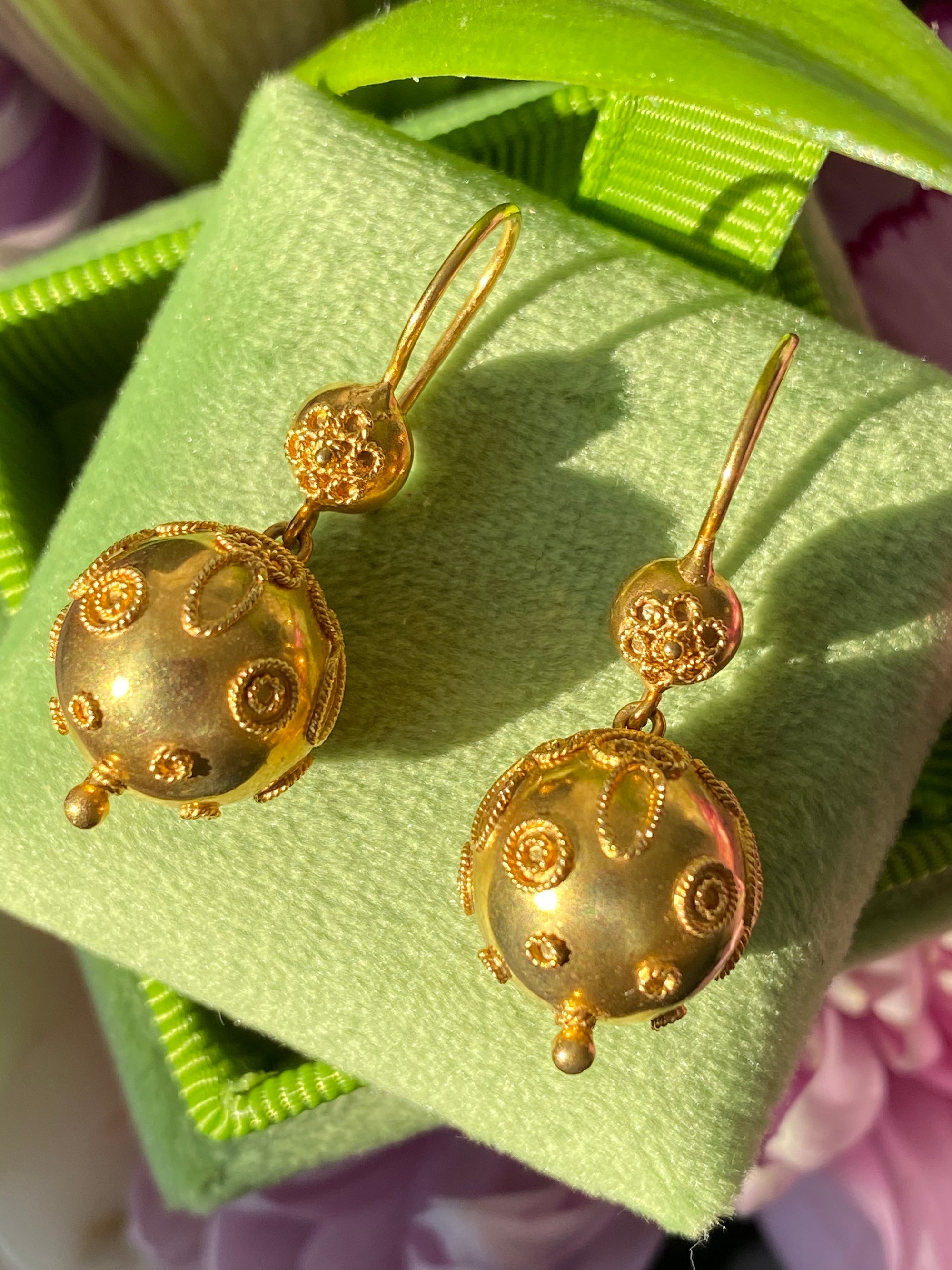 Vintage Etruscan Style Ball Drop Earrings in 14K Yellow Gold