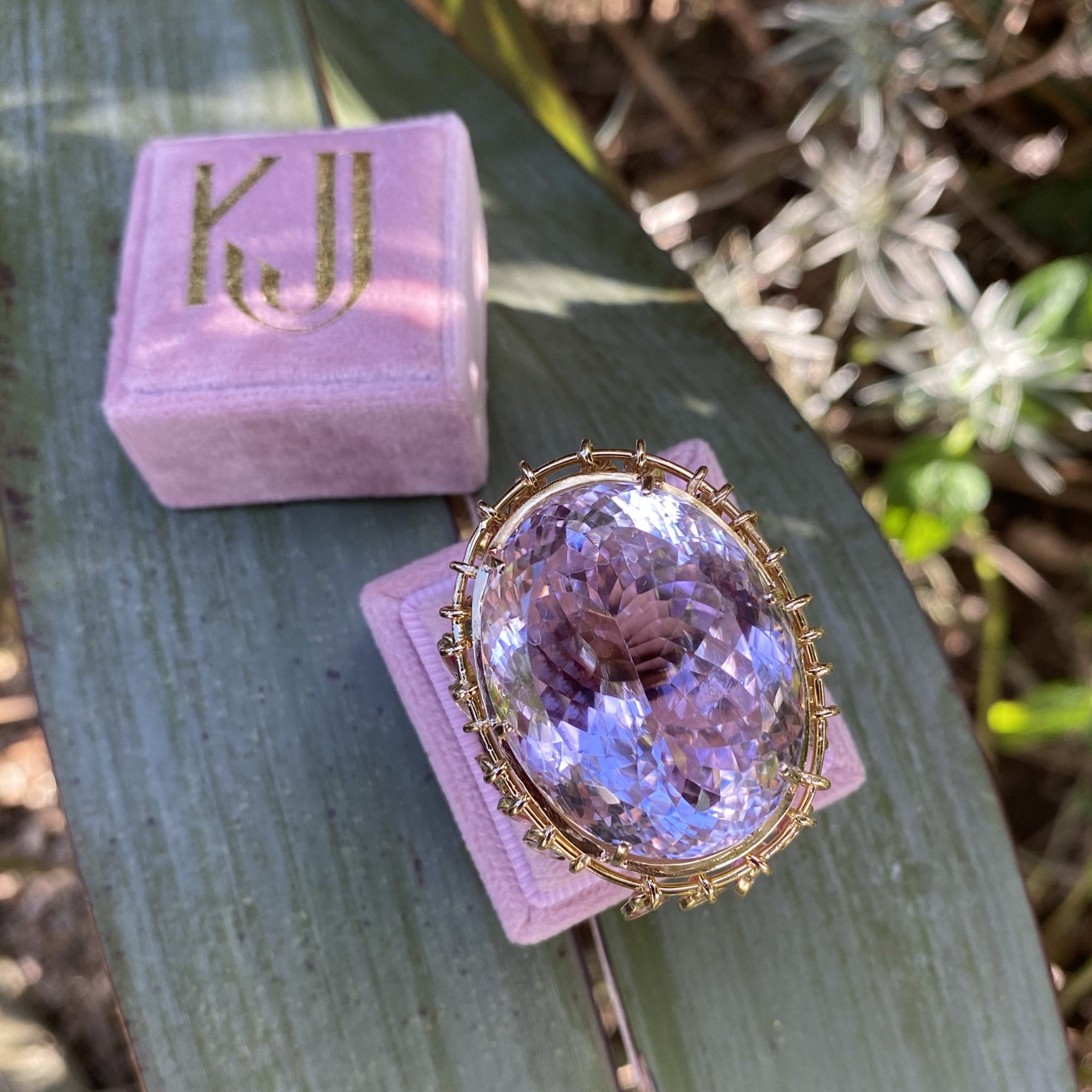 75 Carat Kunzite and Sapphire Cocktail Ring in 18K Yellow Gold 