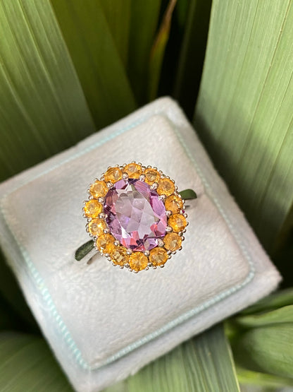 Oval-Cut Citrine and Amethyst Halo Cocktail Ring in Sterling Silver