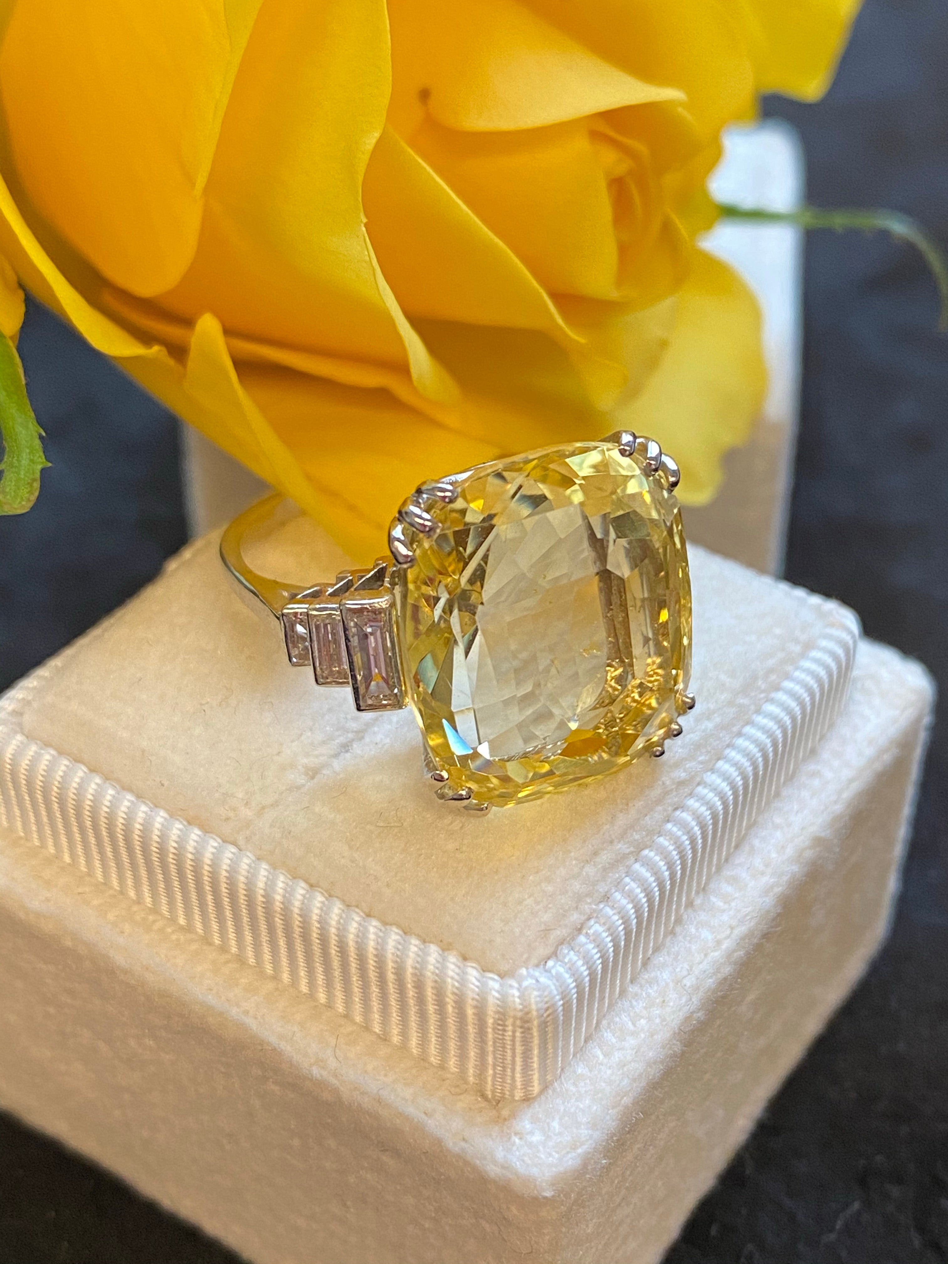 19.60 Carat Certified Unheated Yellow Sapphire and Diamond Art Deco Ring