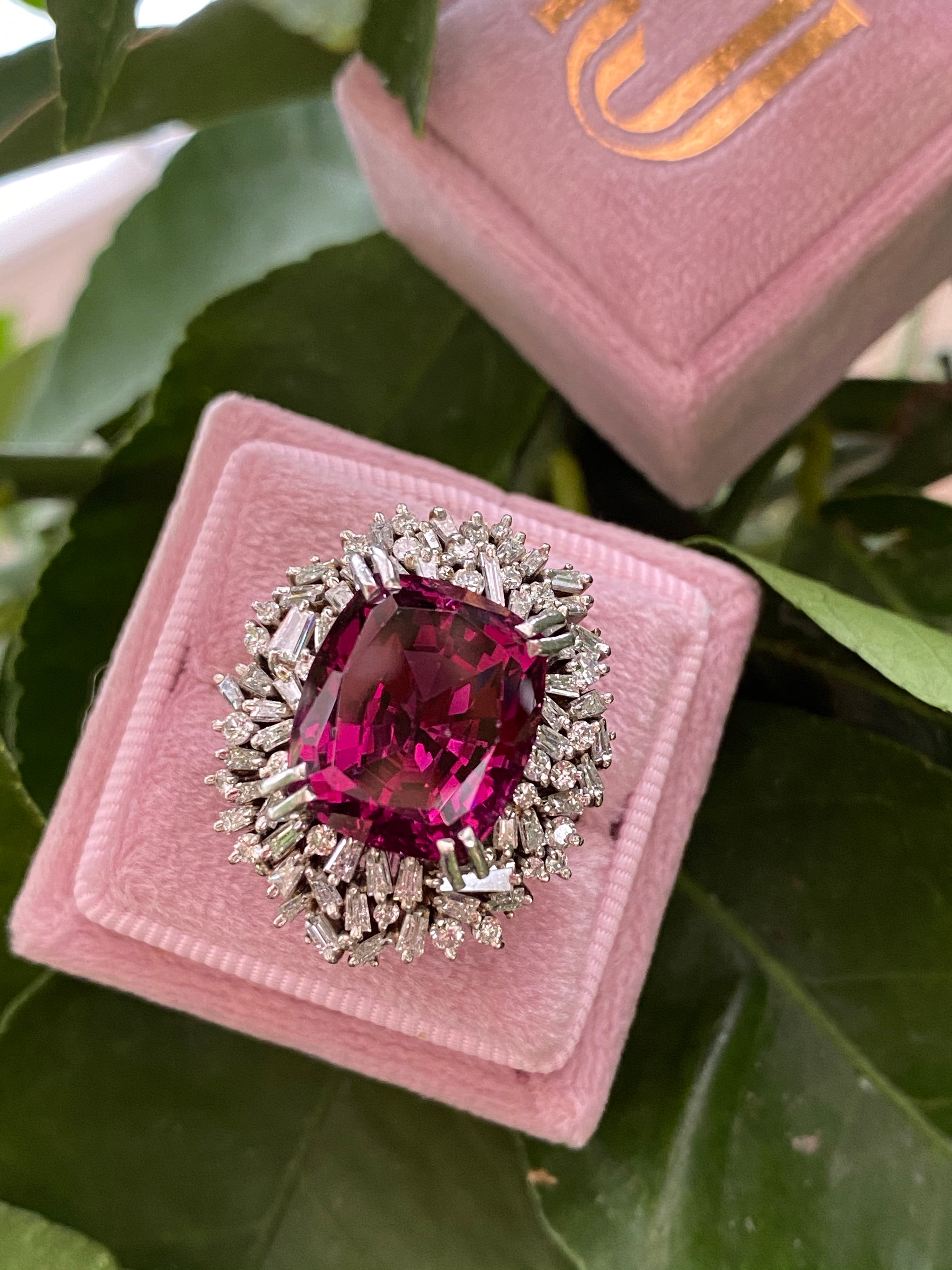 15 Carat Rhodolite Garnet and Diamond Halo Cocktail Ring in Plantinum