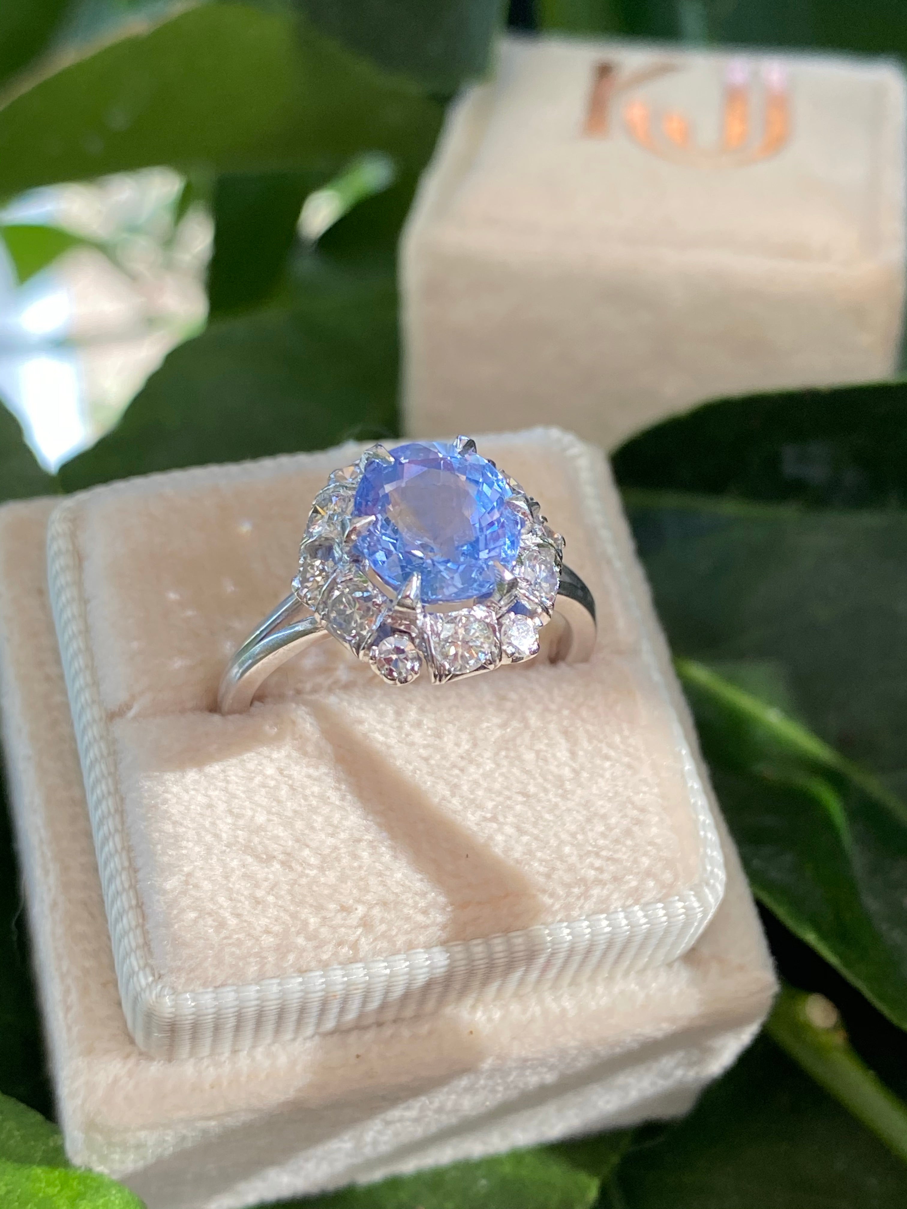 3.51 Carat Blue Ceylon Sapphire and Diamond Halo Ring in Platinum 