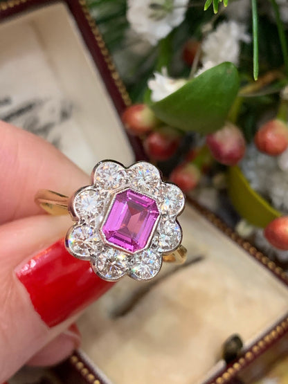 2.00 CTW Pink Sapphire and Diamond Halo Ring in 18ct White and Yellow Gold