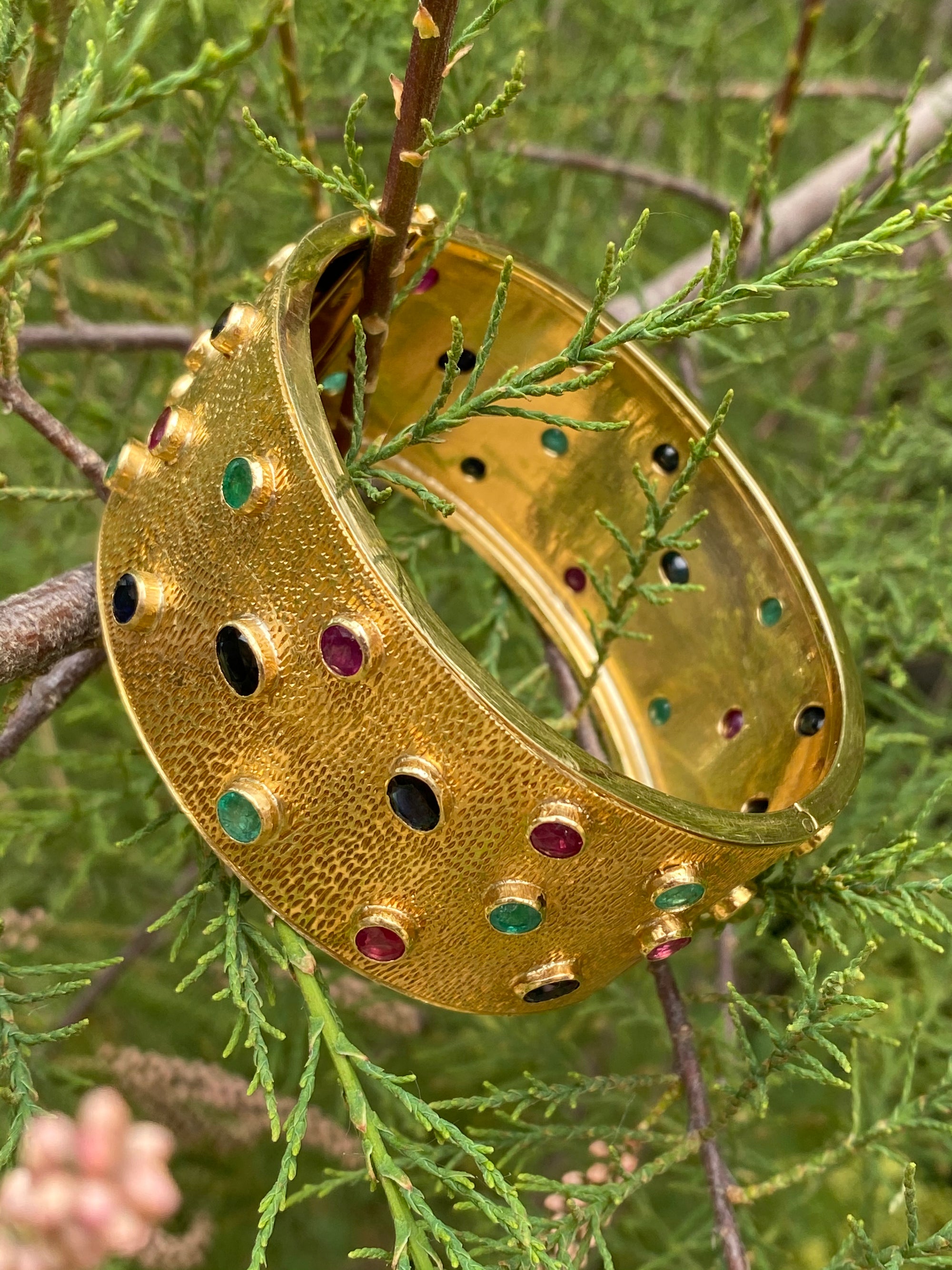 Vintage Ruby, Blue Sapphire and Emerald Bezel Set Cuff Bangle Bracelet in 18K Yellow Gold 
