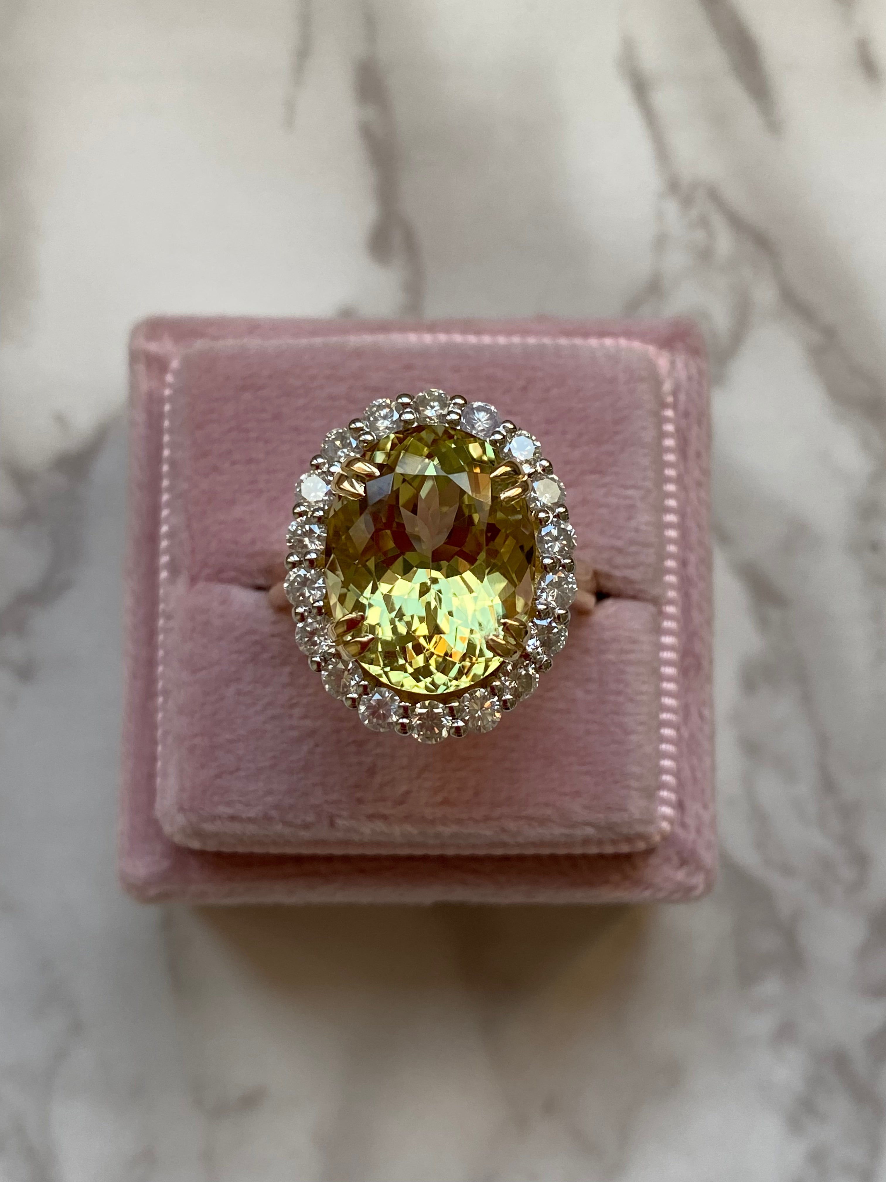 7.50ct Yellow Aquamarine and 1.00ct Diamond Halo Ring in 18ct Yellow Gold