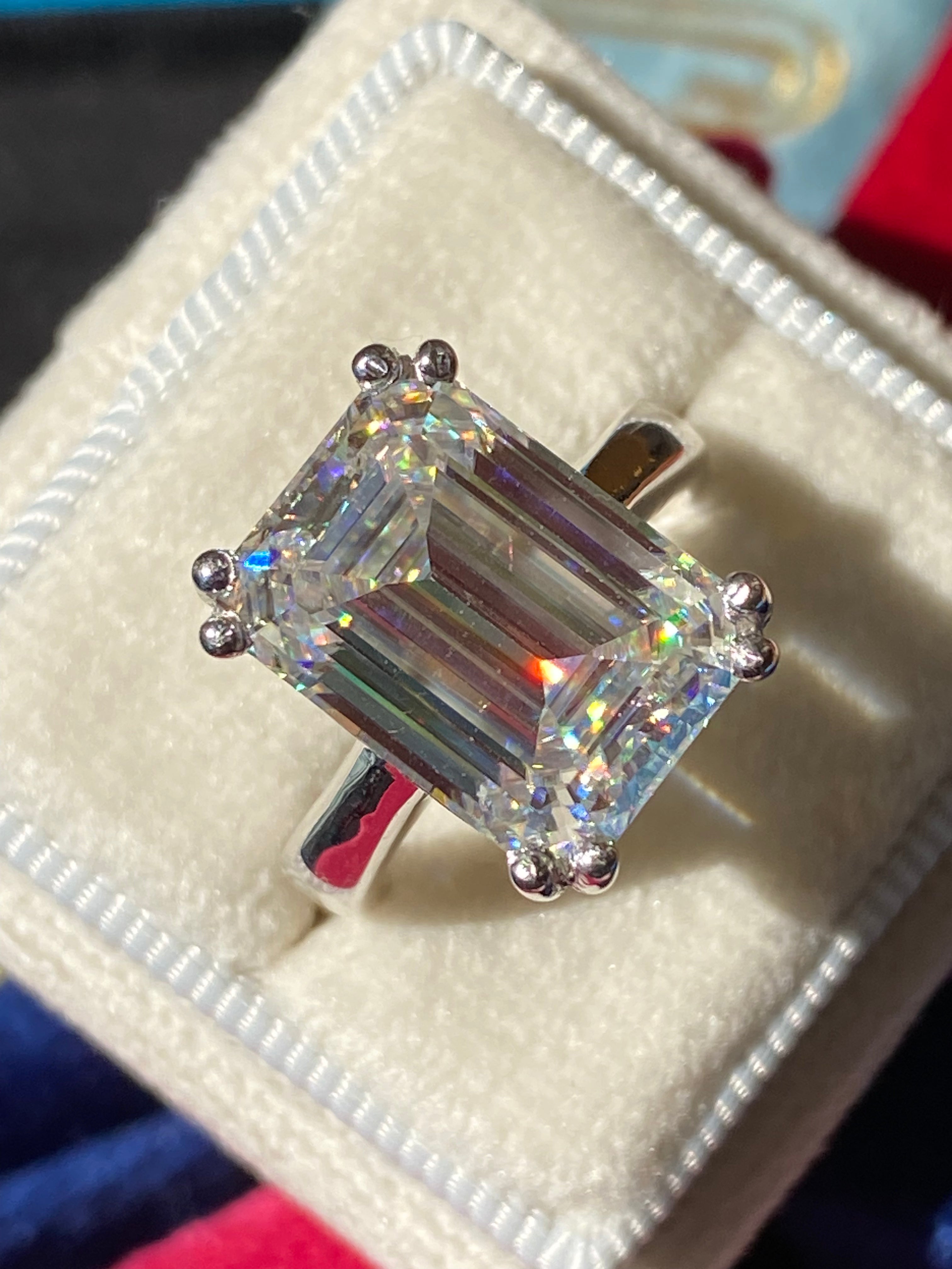 8.65 Carat Emerald Cut Moissanite Engagement Ring Katherine James Jewellery 