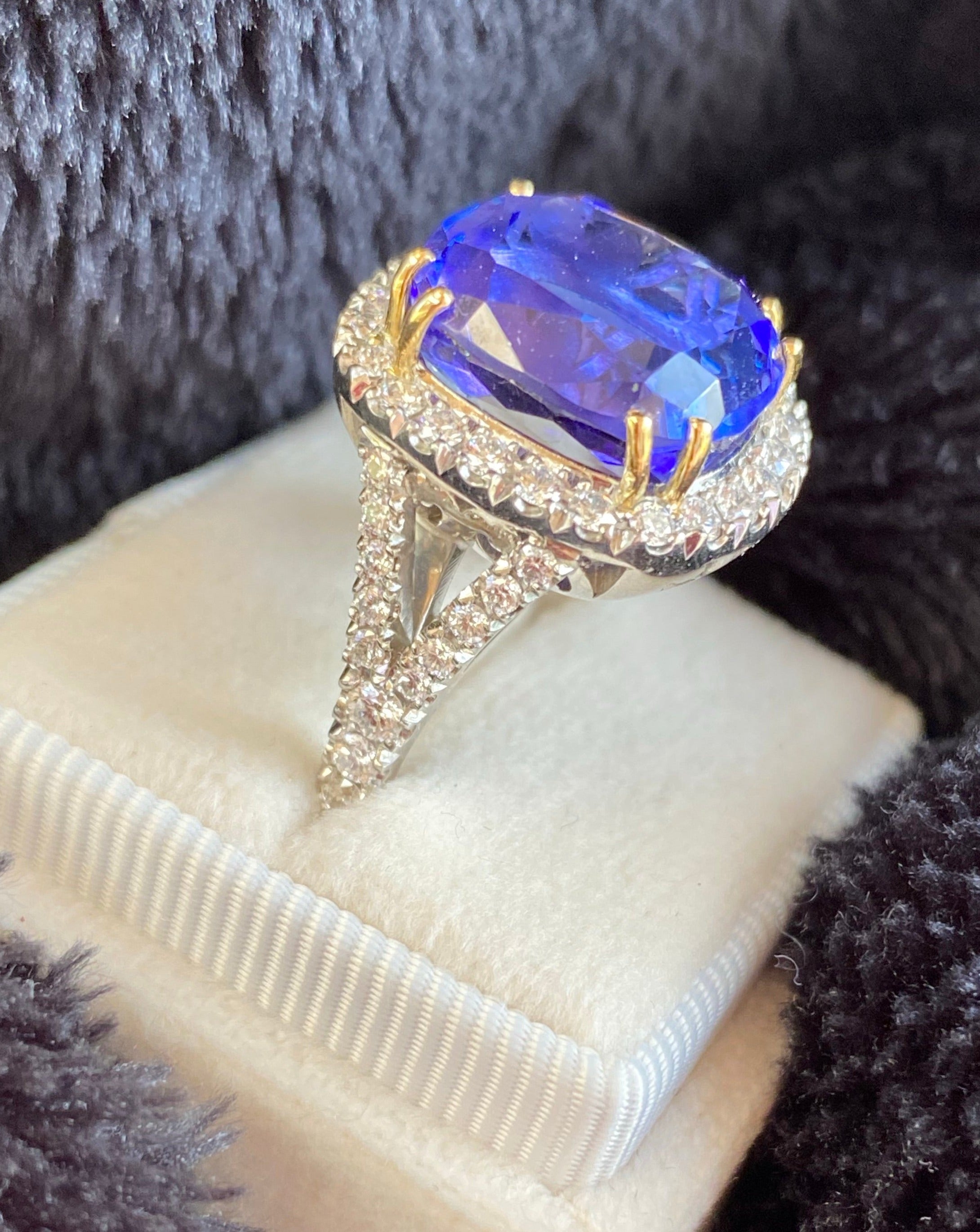 12 Carat Cushion Cut Tanzanite and Diamond Cocktail Engagement Ring in White Gold 