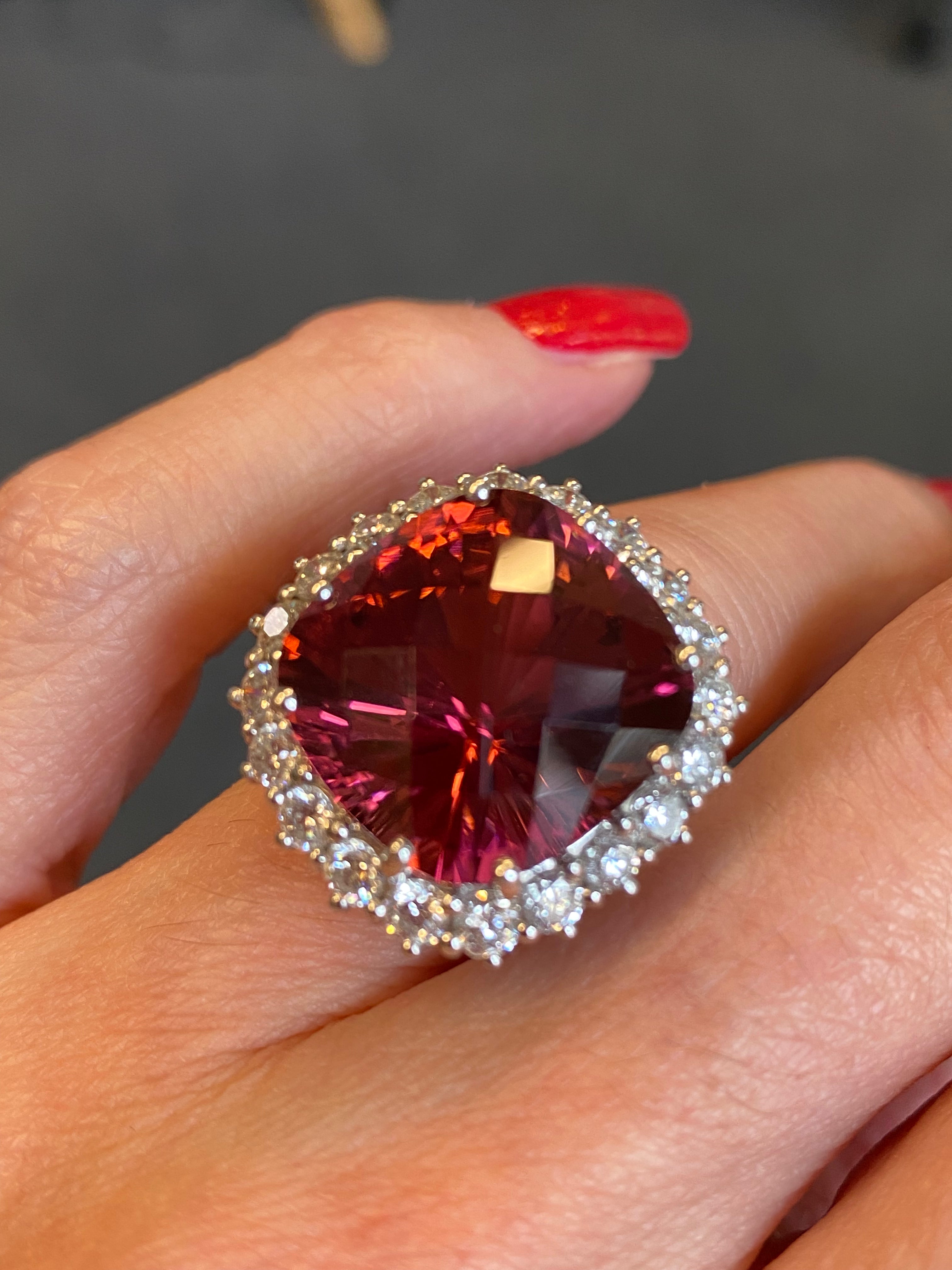 Huge 17 Carat Rubellite Pink Tourmaline and Diamond Cocktail Ring in White and Yellow Gold 