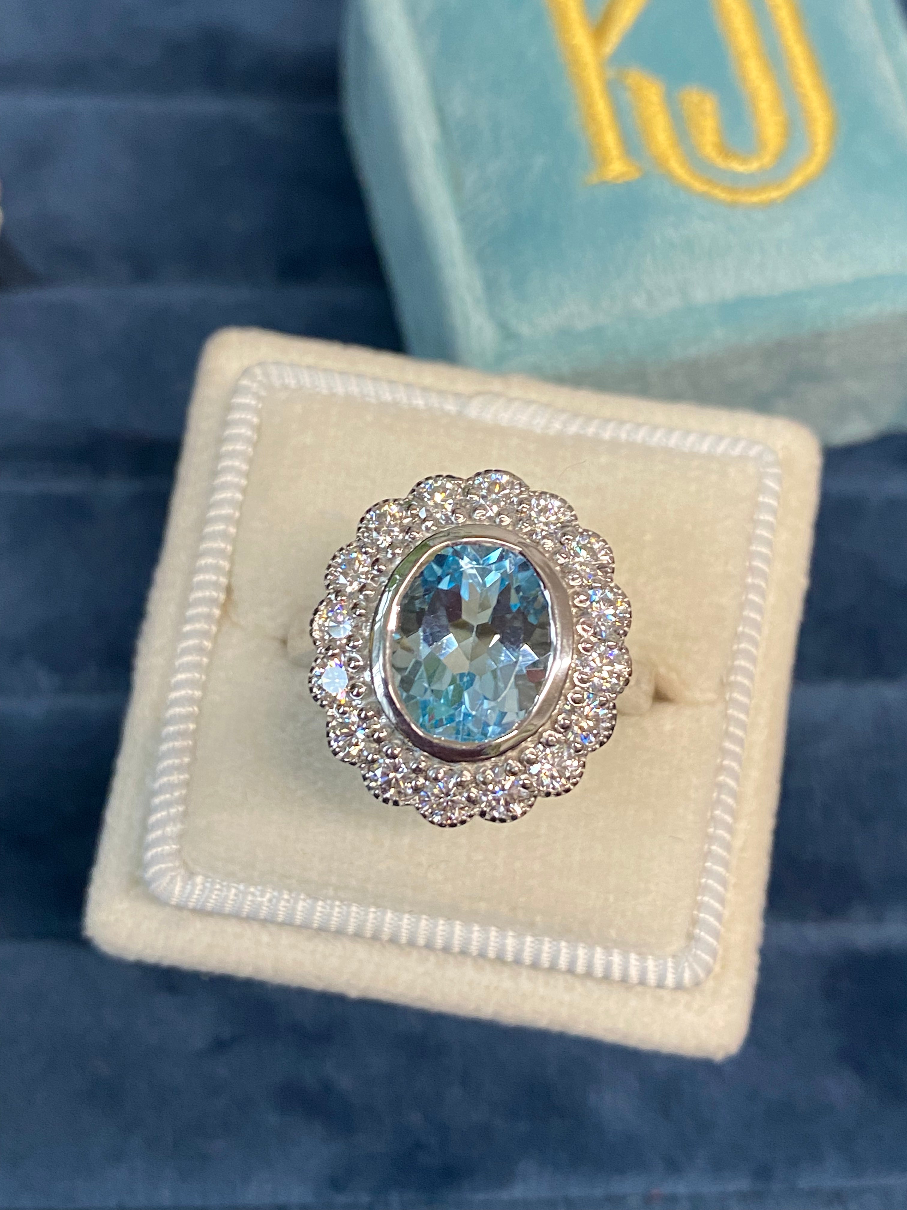 4.25 CTW Oval Cut Blue Topaz and Moissanite Halo Cocktail Ring