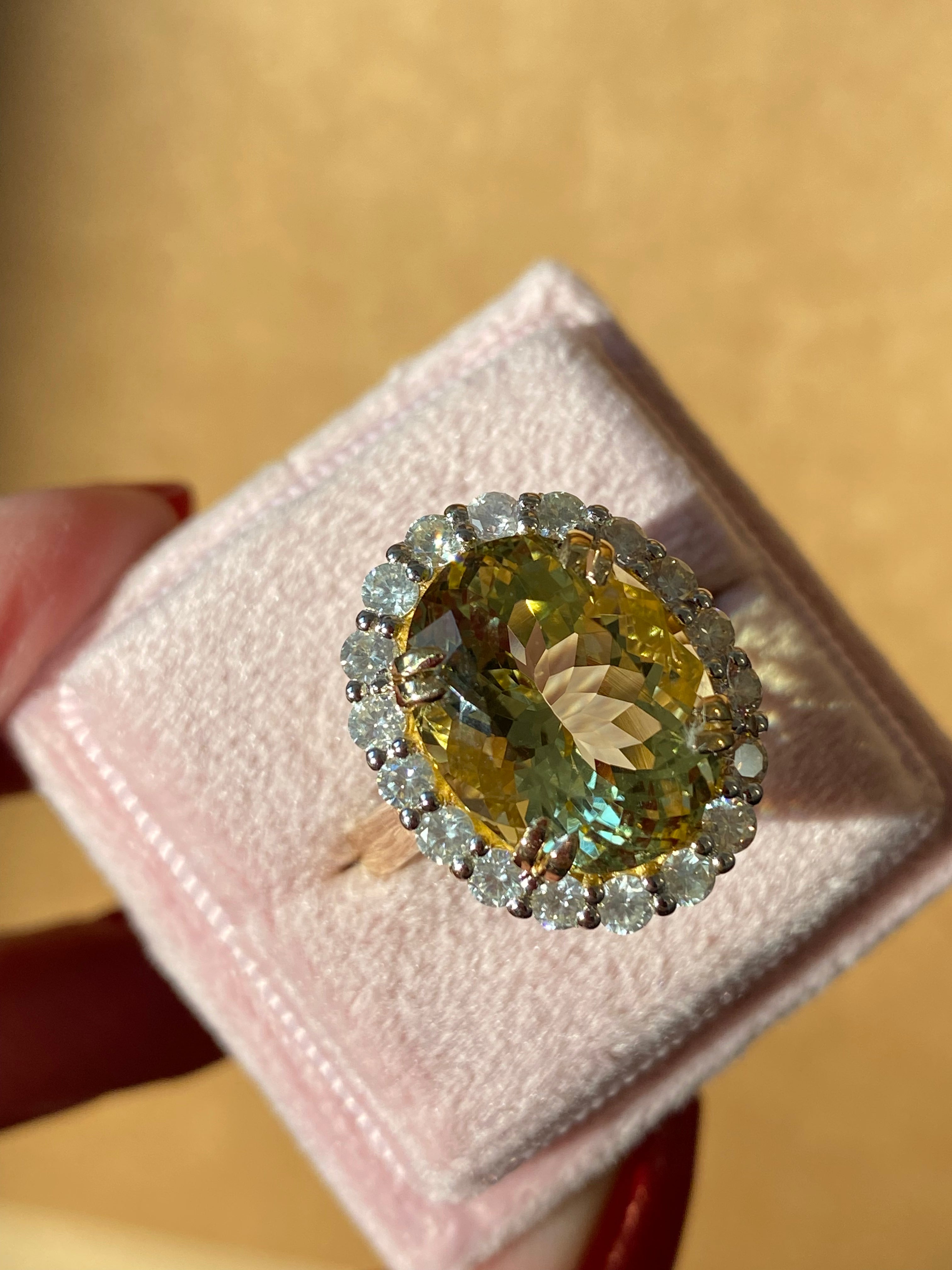 7.50ct Yellow Aquamarine and 1.00ct Diamond Halo Ring in 18ct Yellow Gold