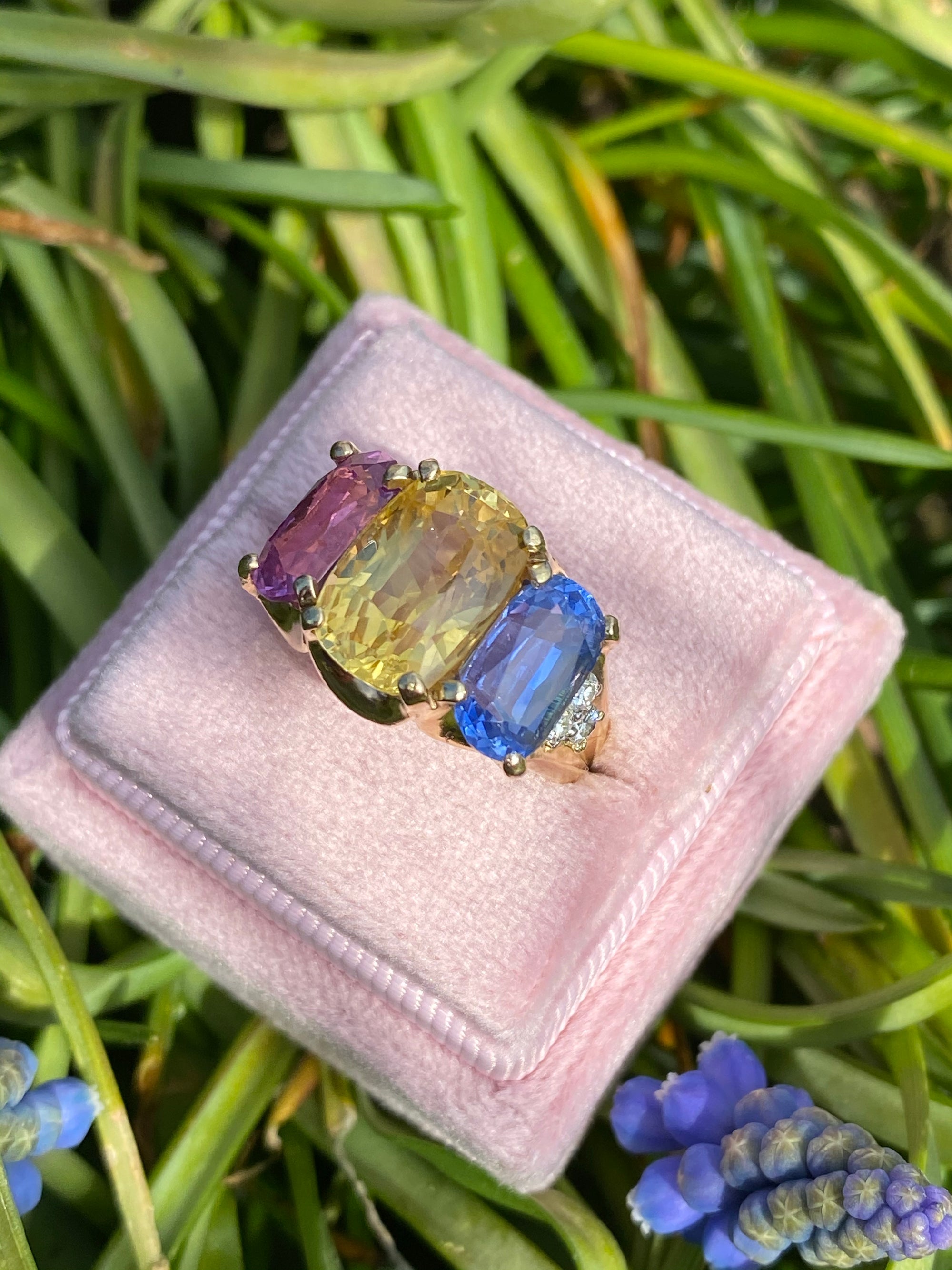 11.94 CTW No Heat Yellow, Blue and Pink Sapphire Trilogy Ring in 18ct Yellow Gold