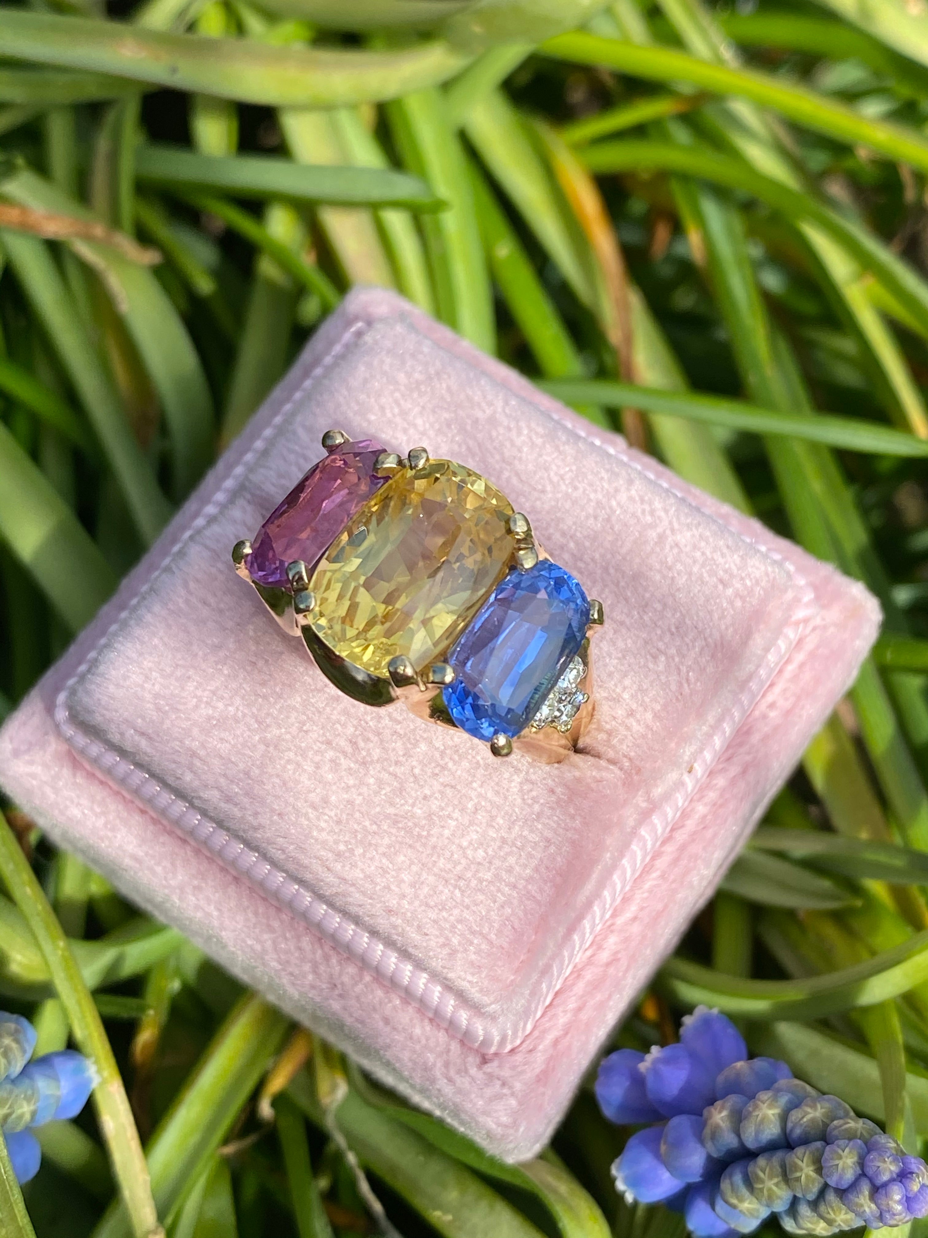 11.94 CTW No Heat Yellow, Blue and Pink Sapphire Trilogy Ring in 18ct Yellow Gold