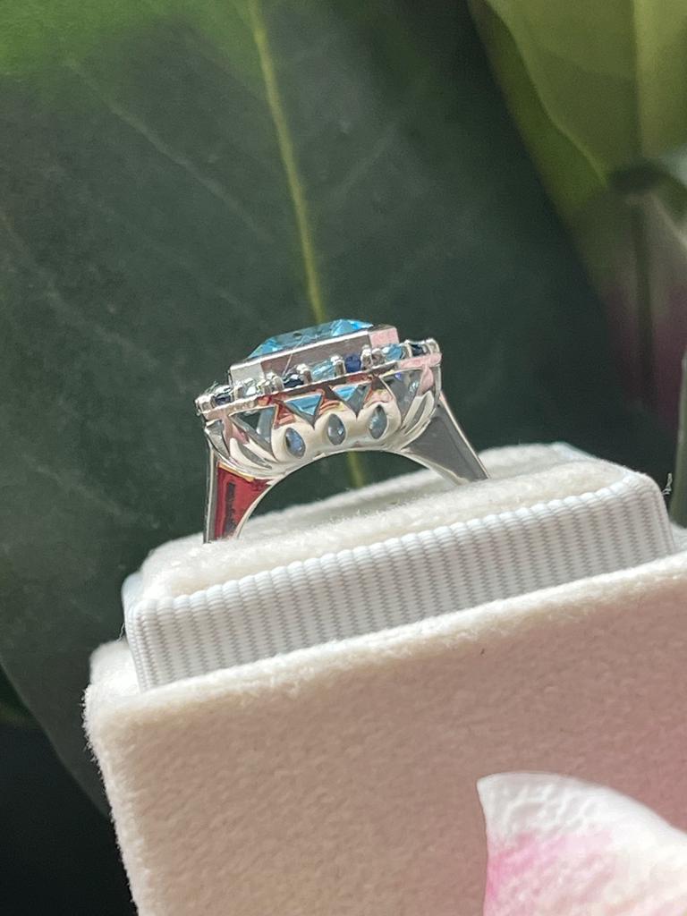 Blue Topaz and Blue Sapphire Bezel Set Cocktail Ring in Sterling Silver