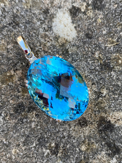 50 Carat Oval Blue Topaz and Diamond Necklace Pendant in 18K White Gold