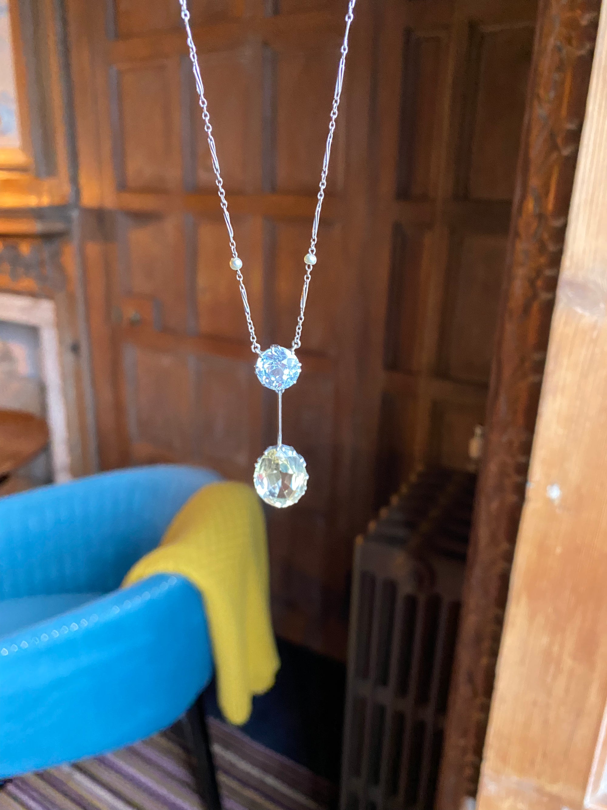 Edwardian 5.00 Carat Blue Zircon, 10.00 Carat Citrine and Seed Pearl Lavaliere Necklace