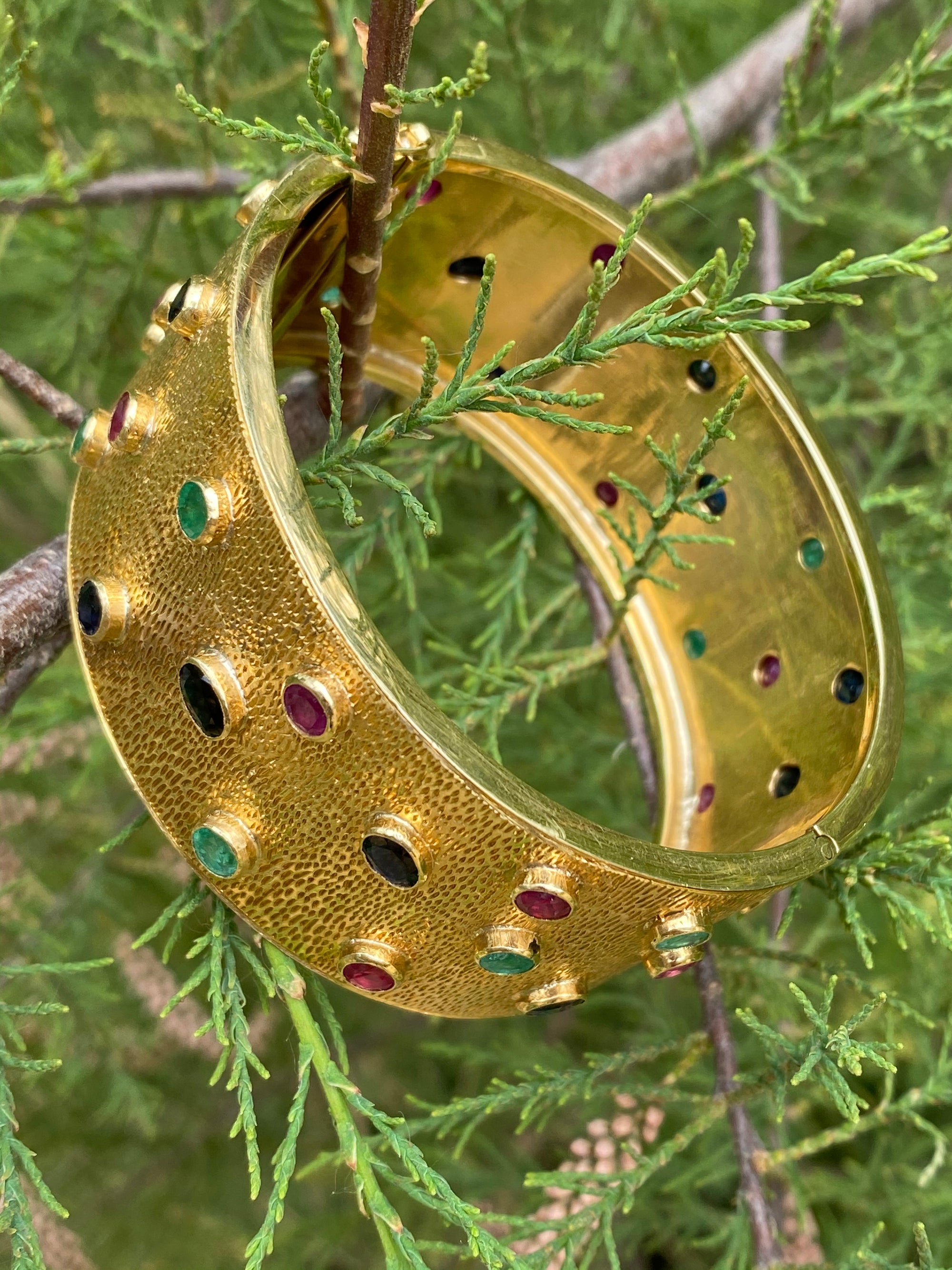 Vintage Ruby, Blue Sapphire and Emerald Bezel Set Cuff Bangle Bracelet in 18K Yellow Gold 