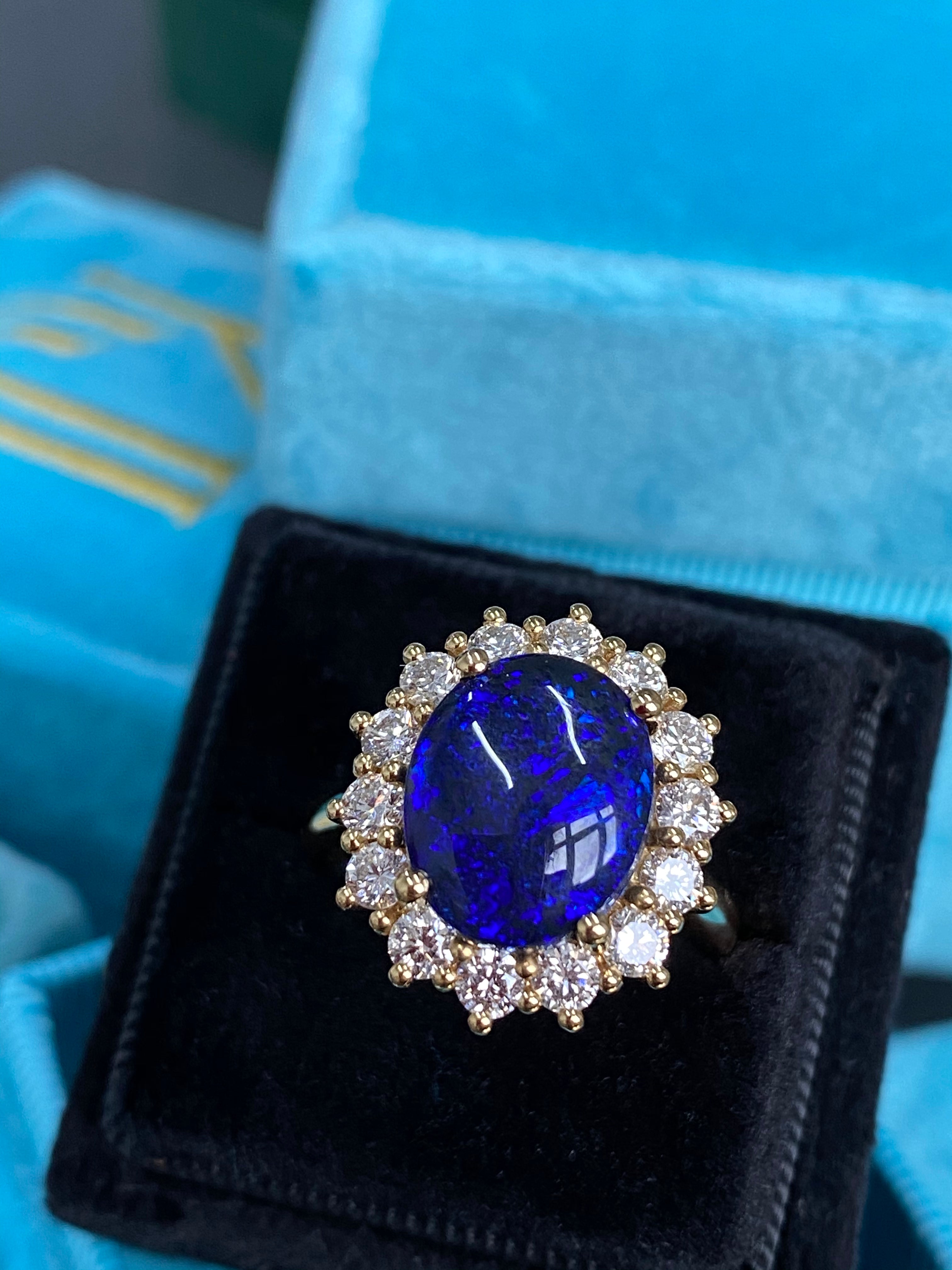 3.57 Carat Vintage Black Opal and Diamond Halo Ring in 18ct Yellow Gold