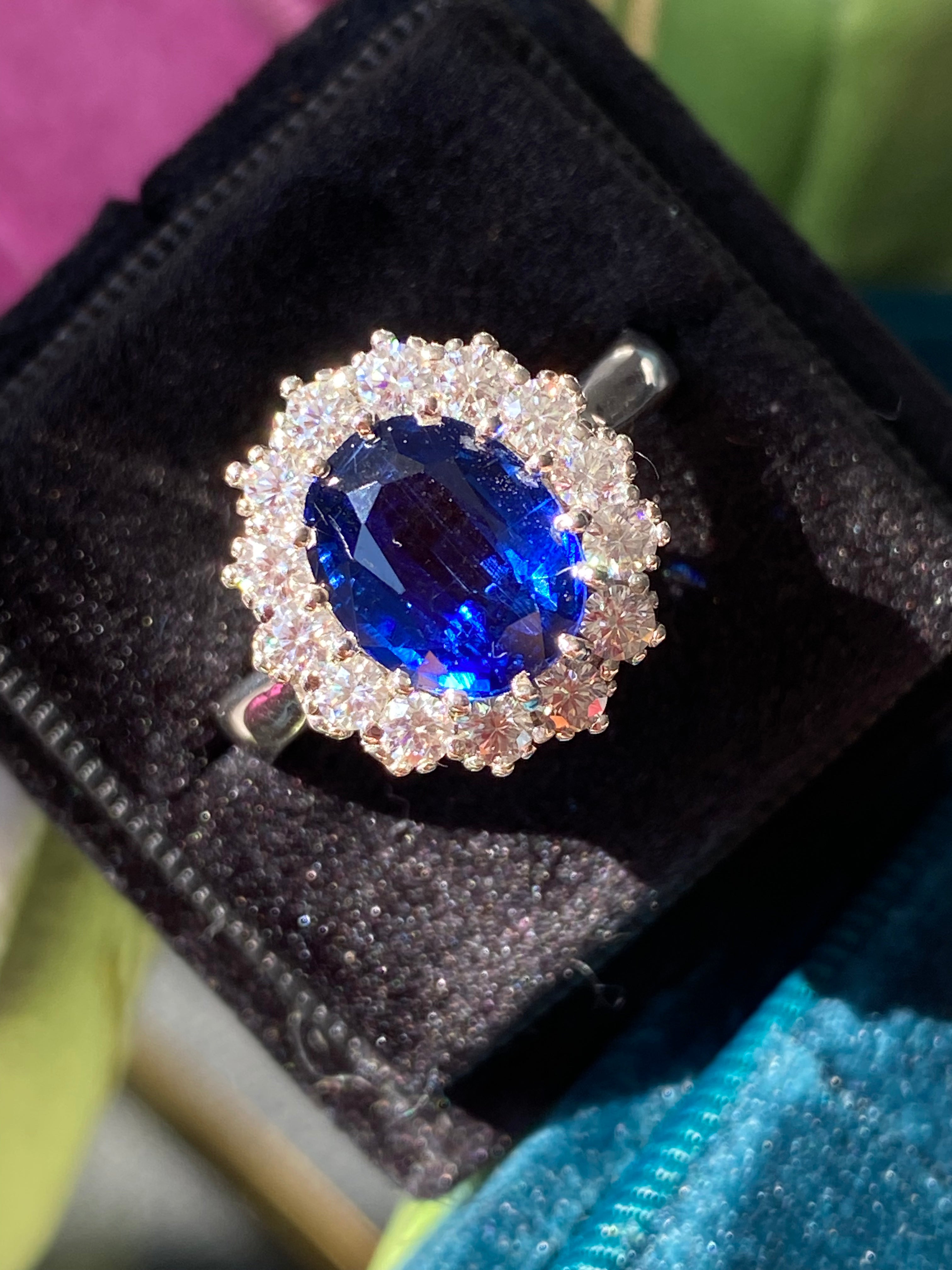 4.50 CTW Oval Cut Kyanite and Moissanite Halo Ring in Sterling Silver / 9ct Gold / 18ct Gold