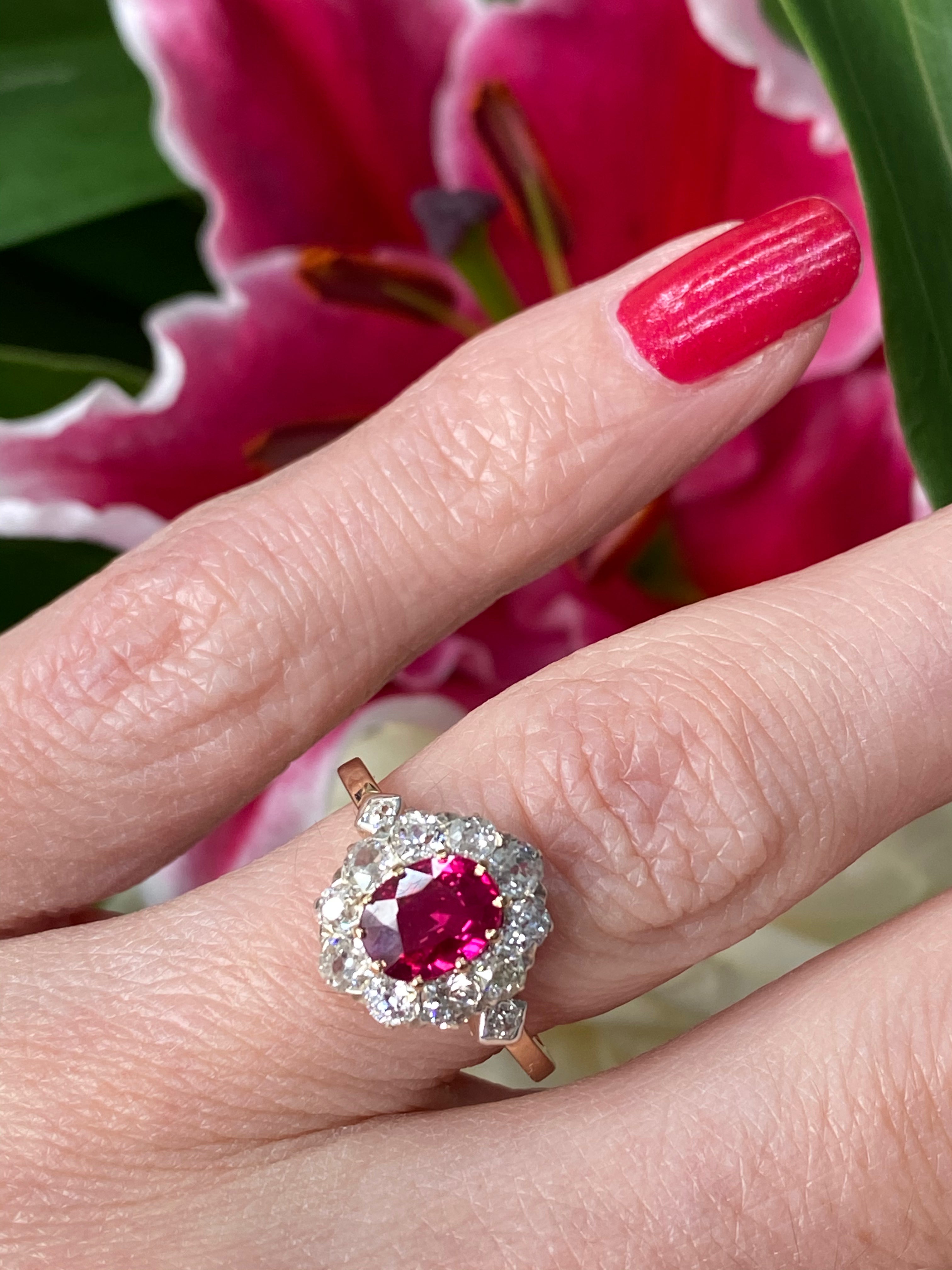 1.18 Carat Antique Ruby and Diamond Halo Engagement Ring in 18ct Yellow Gold