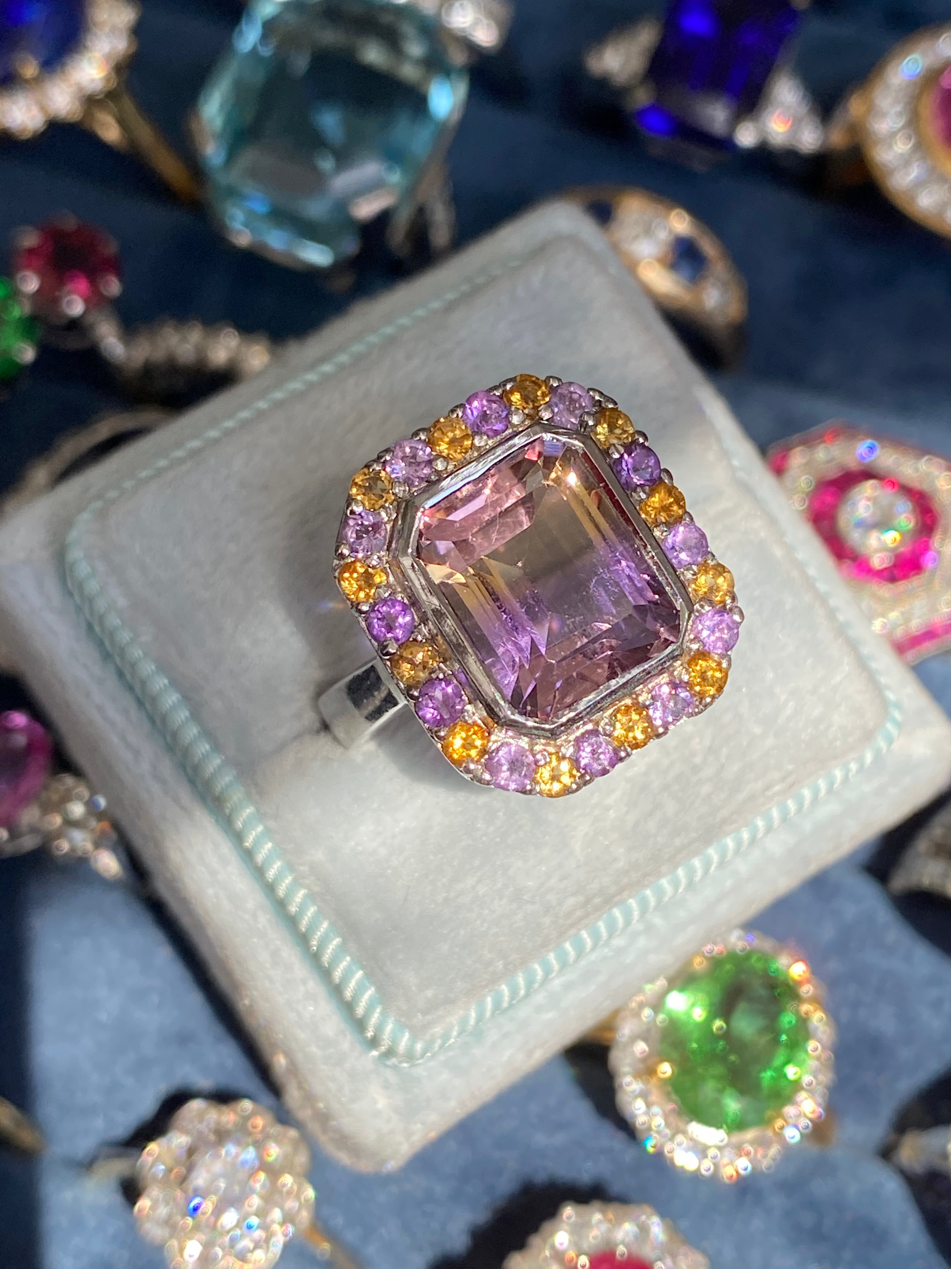 Ametrine, Amethyst and Citrine Halo Cocktail Ring in Sterling Silver