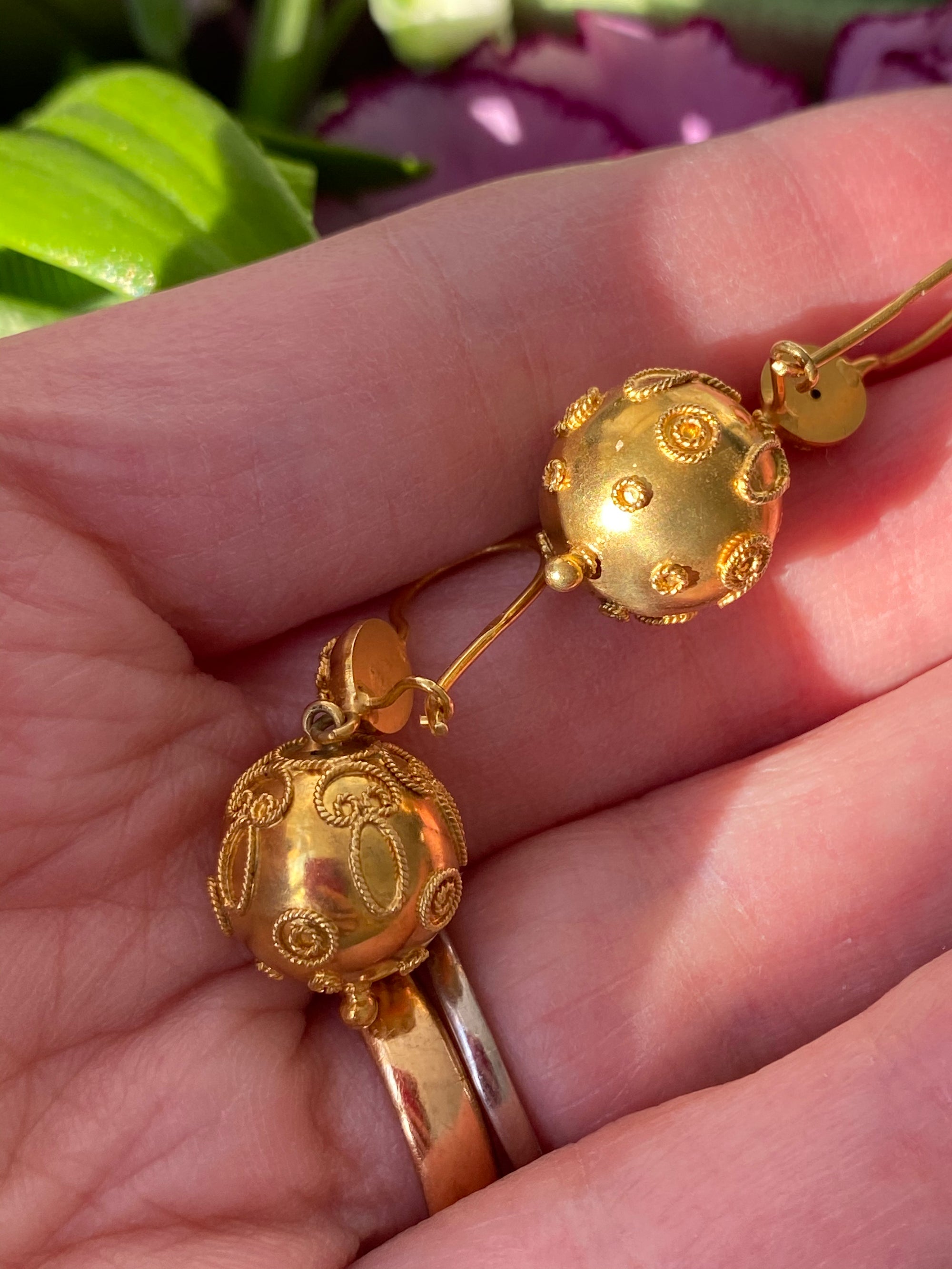 Vintage Etruscan Style Ball Drop Earrings in 14K Yellow Gold