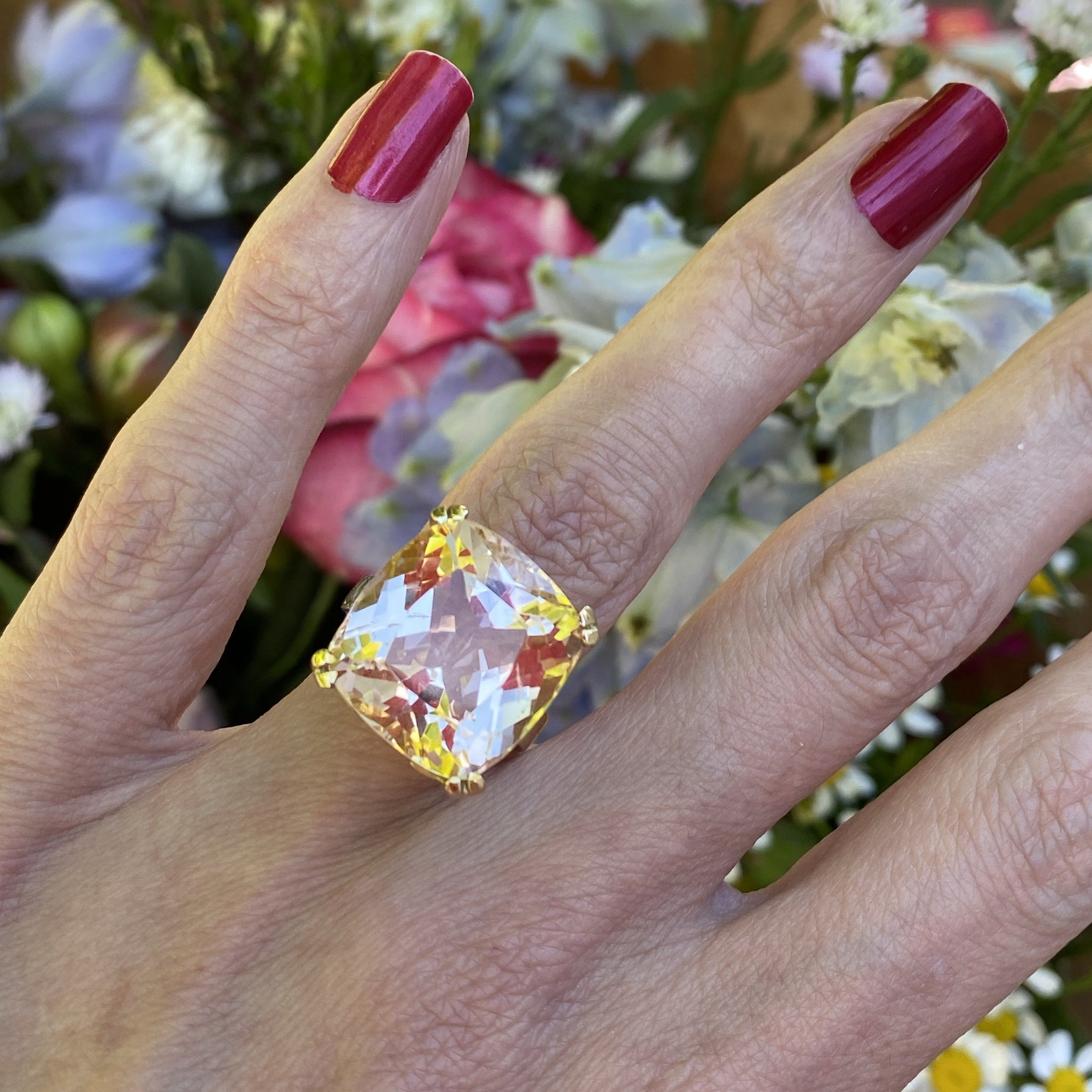 19.64 Carat Cushion Cut Morganite Engagement Cocktail Ring in Yellow Gold 