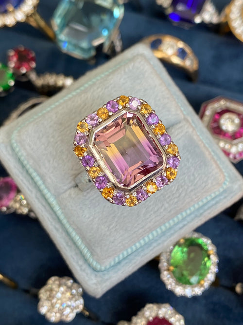 Ametrine Amethyst and Citrine Halo Cocktail Ring in Sterling Silver