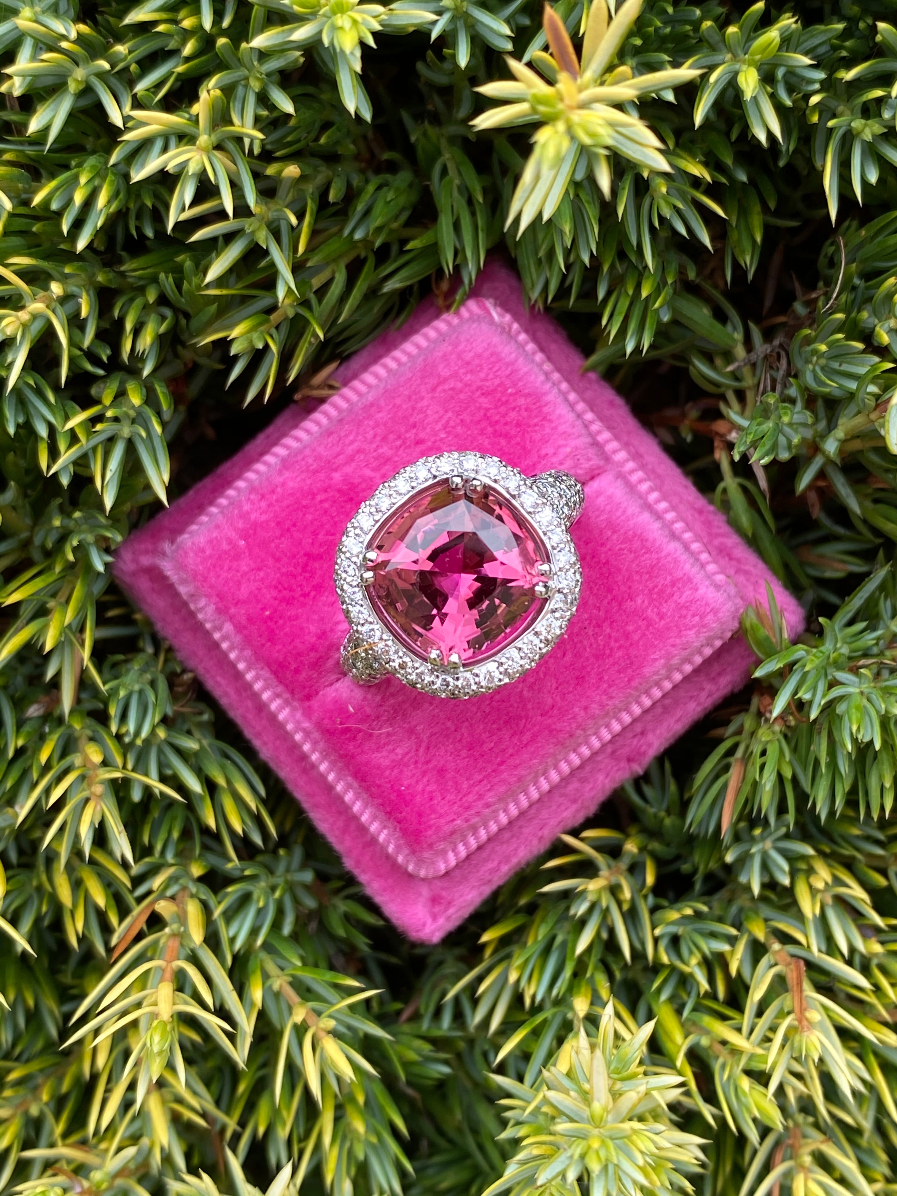7.50 CTW Cushion Cut Pink Tourmaline and Diamond Halo Ring in 18ct White Gold