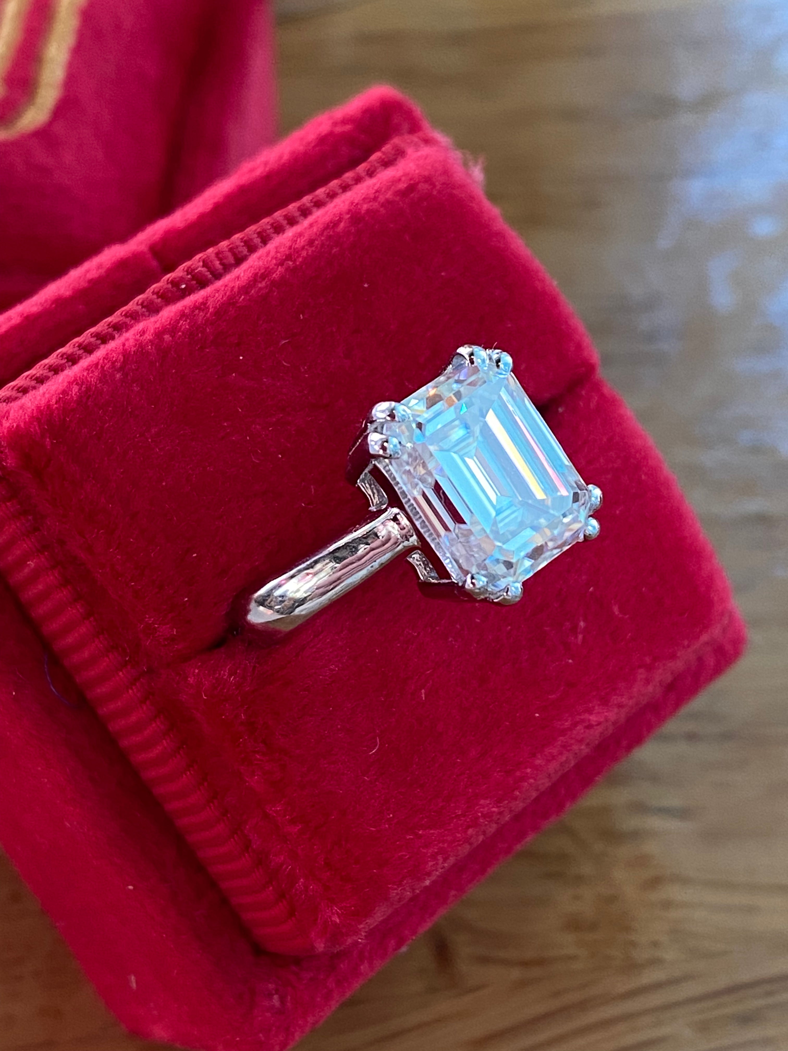 3.50 Carat Emerald Cut Moissanite Solitaire Engagement Ring in Sterling Silver