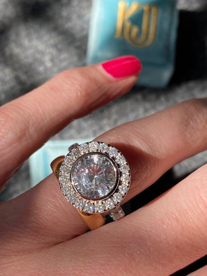 4.62 CTW No Heat White Sapphire and Diamond Halo Engagement Ring in 18ct White Gold