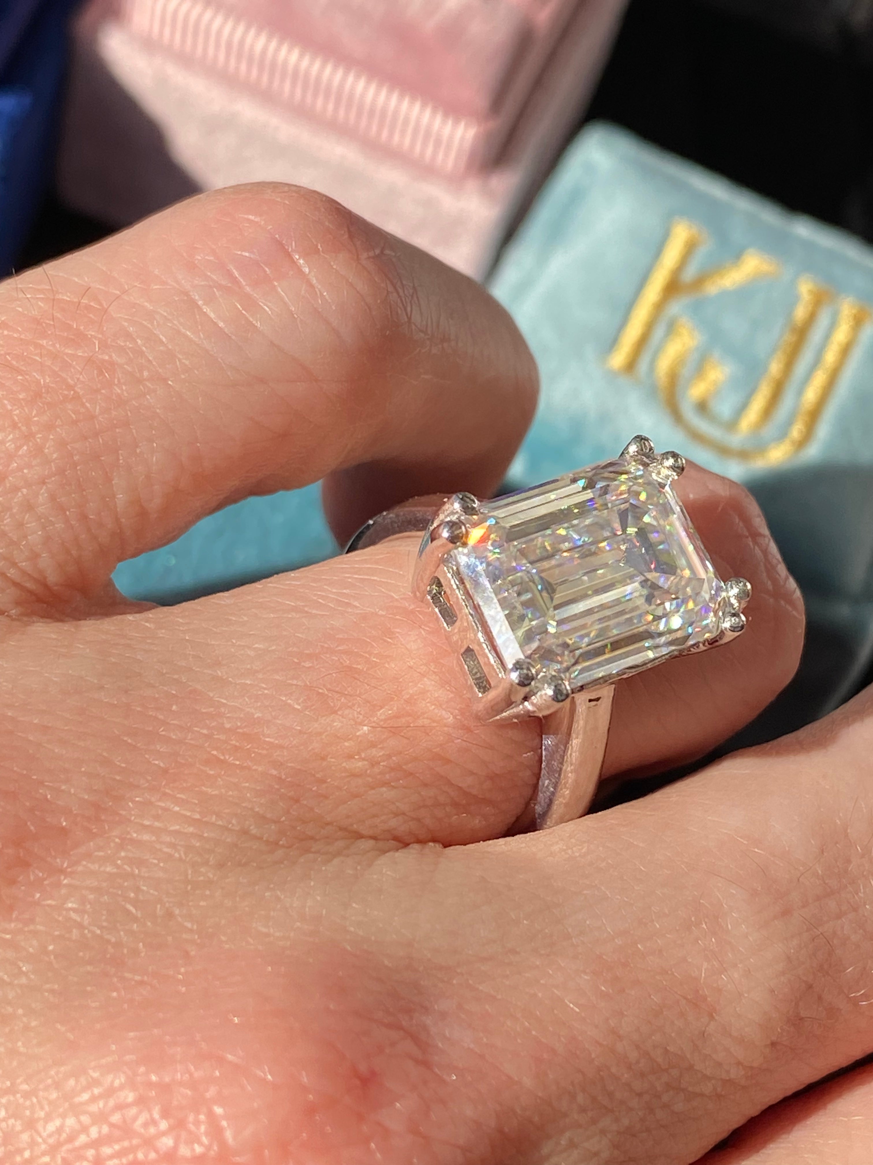 8.65 Carat Emerald Cut Moissanite Solitaire Engagement Ring in Sterling Silver