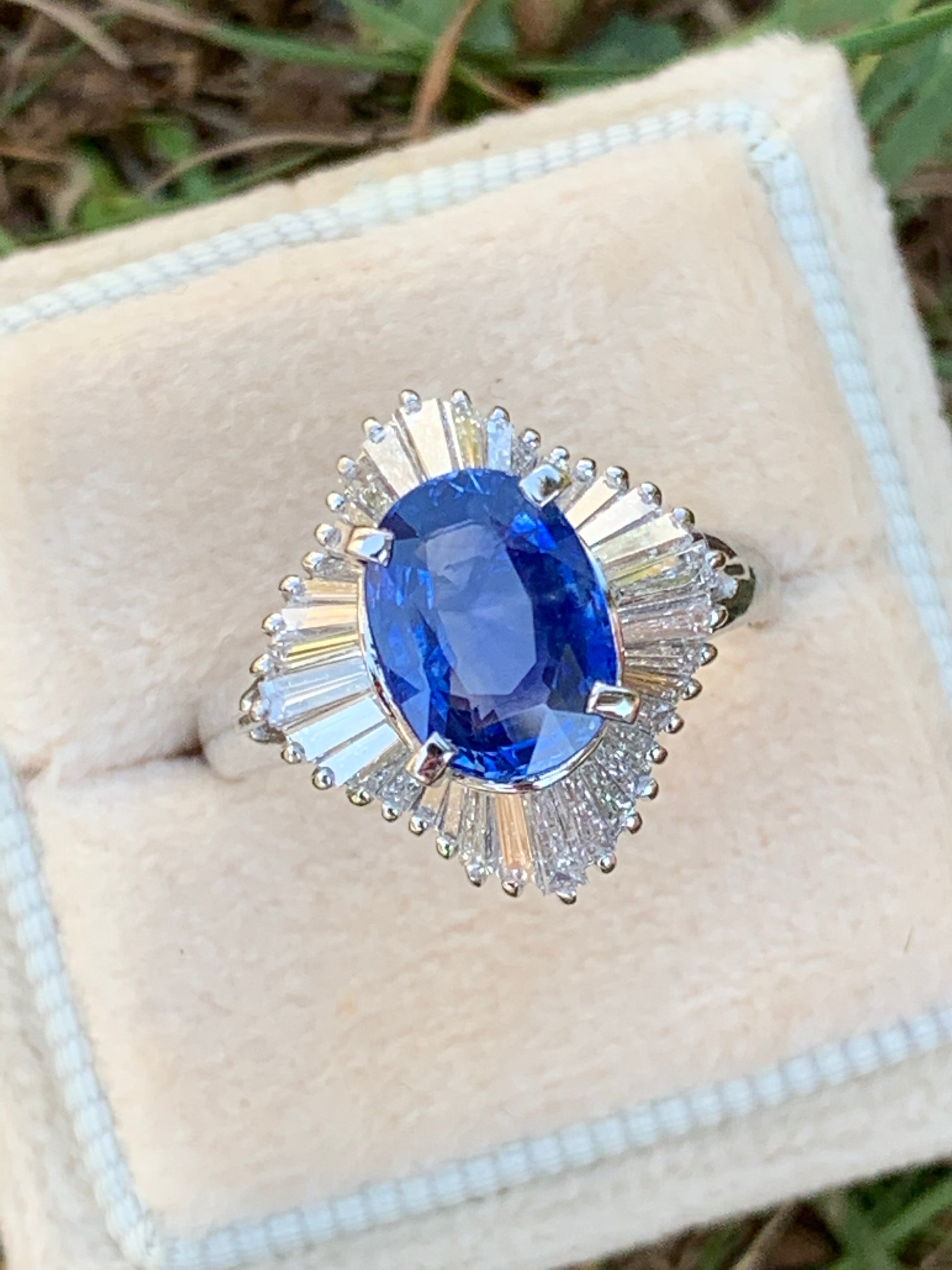 Oval Cut Blue Ceylon Sapphire and Diamond Engagement Ring in Platinum 
