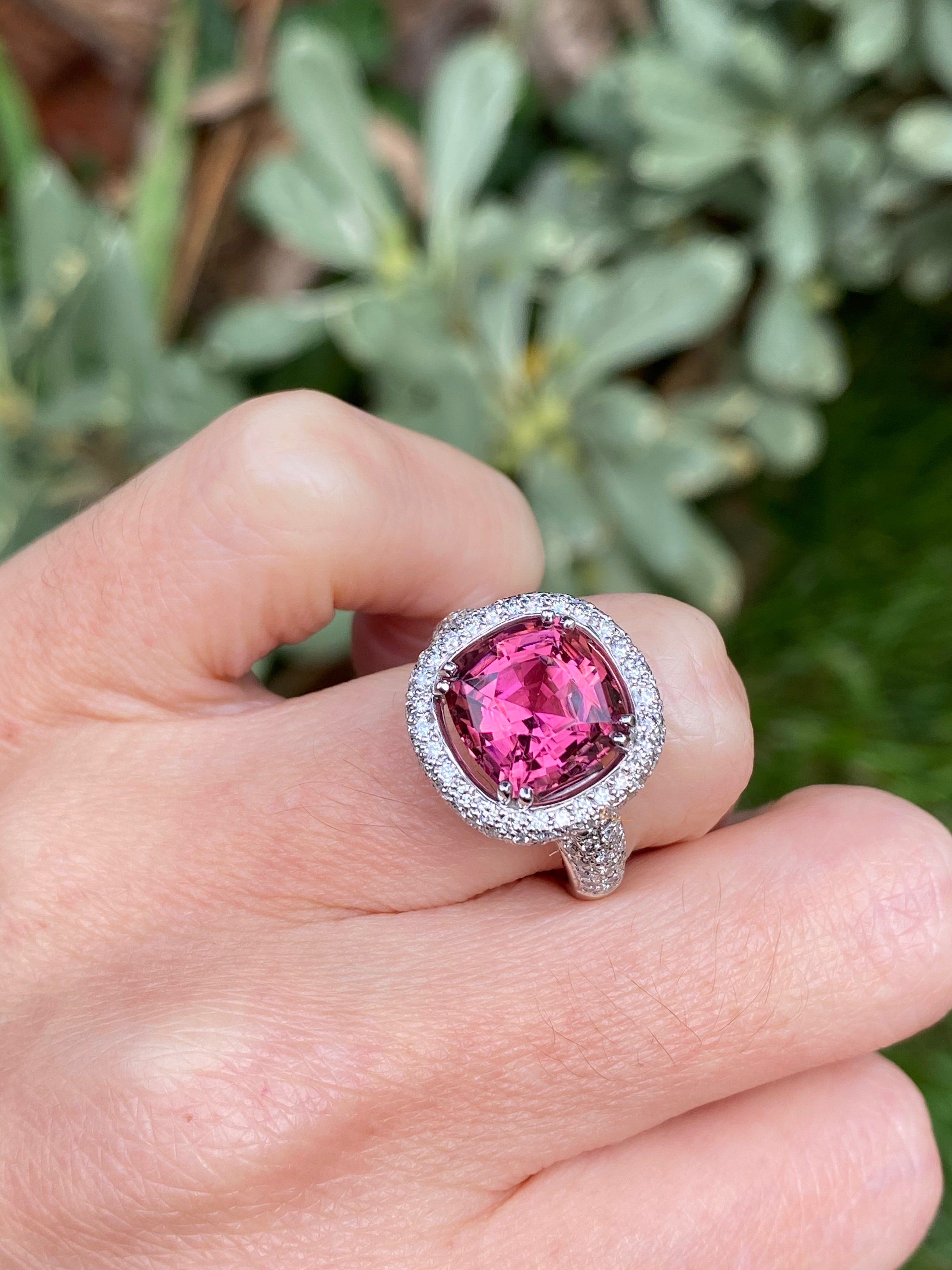 Cushion Cut Pink Tourmaline and Diamond Halo Ring in White Gold 