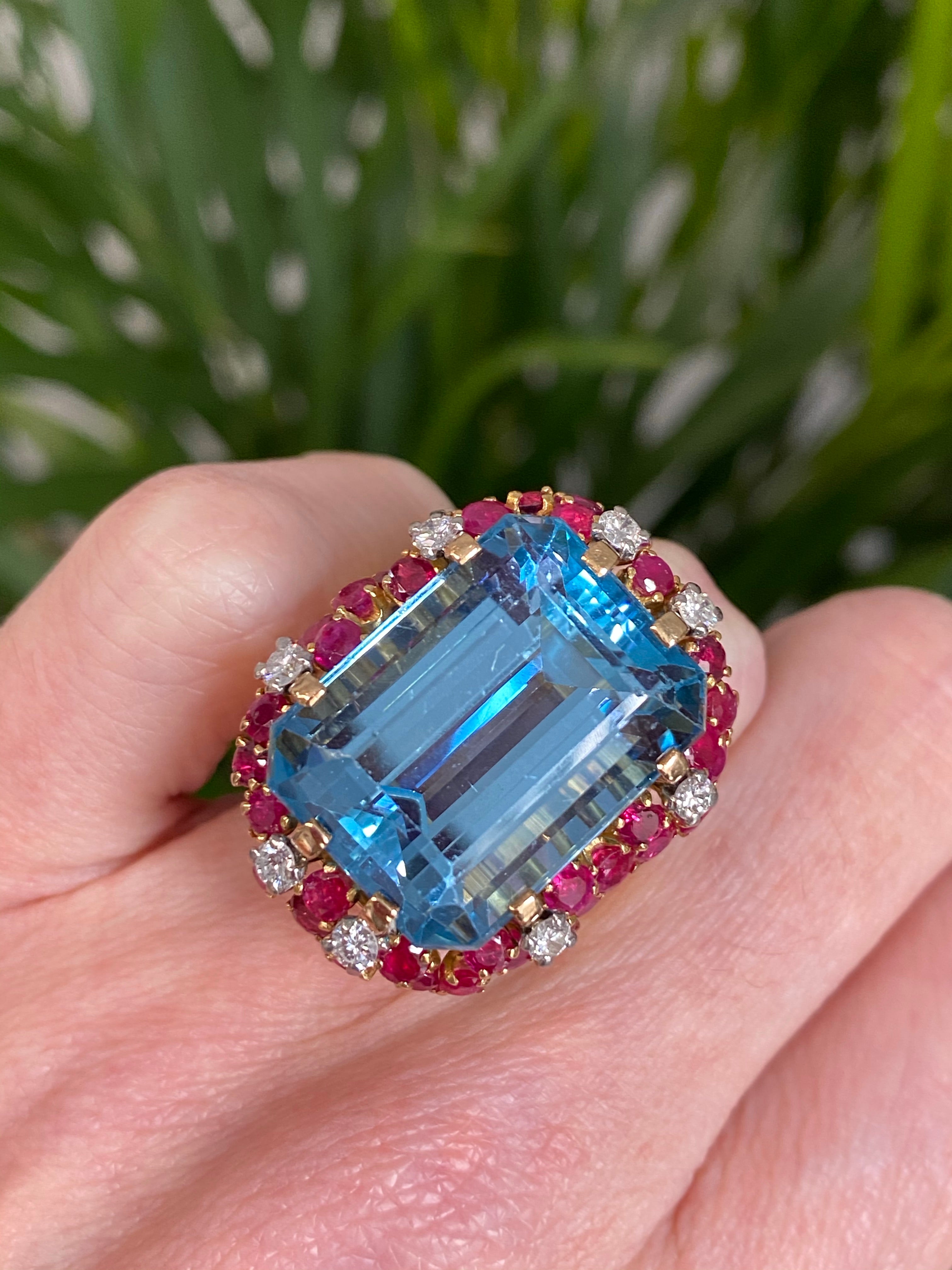 35.00 CTW Mellerio Aquamarine, Ruby, and Diamond Vintage Cocktail Ring in 18ct Yellow Gold