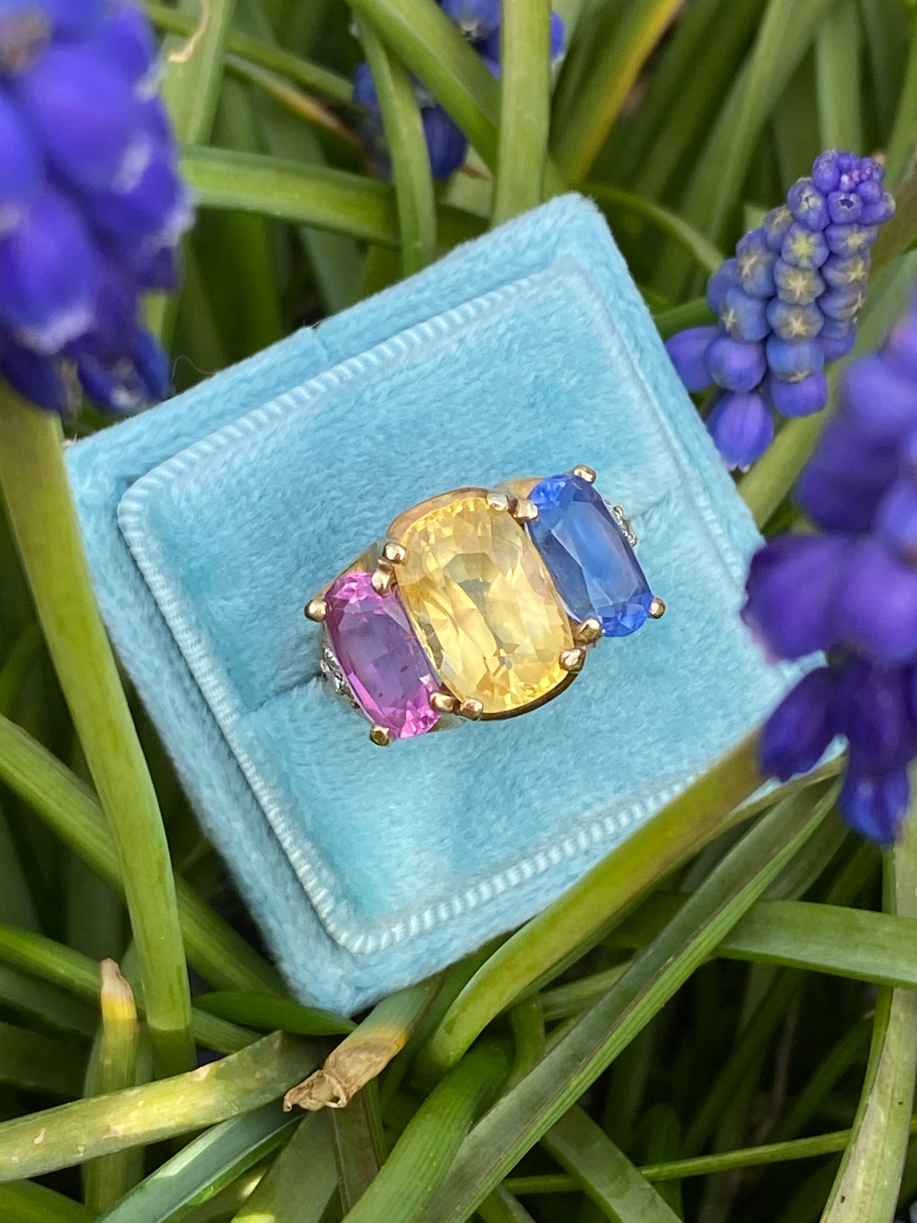 11.94 CTW No Heat Yellow, Blue and Pink Sapphire Trilogy Ring in 18ct Yellow Gold