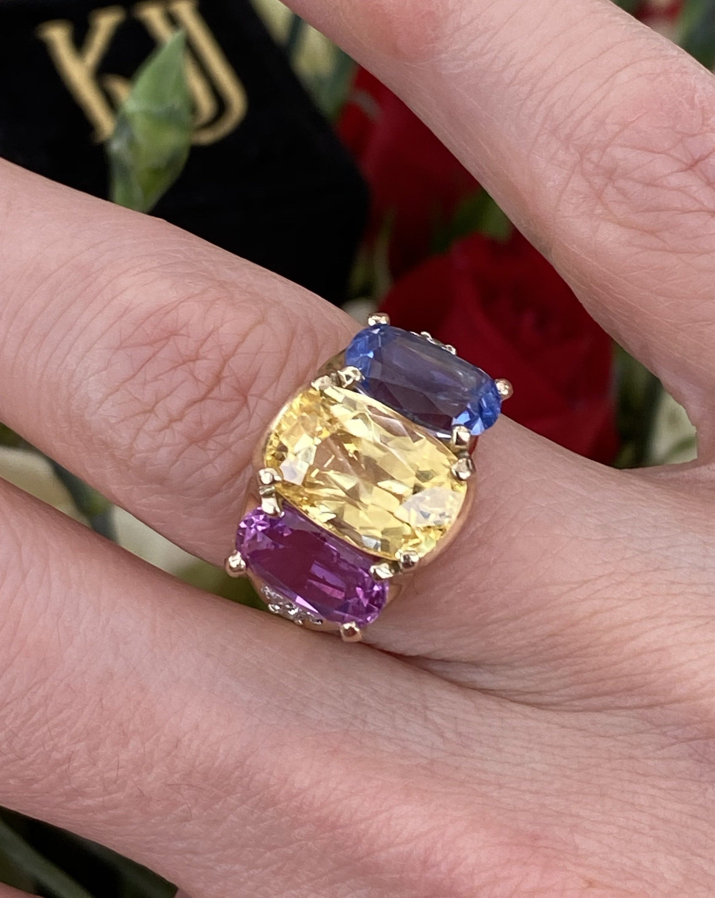 No Heat Pink, Yellow and Blue Sapphire Cushion Cut Engagement Ring