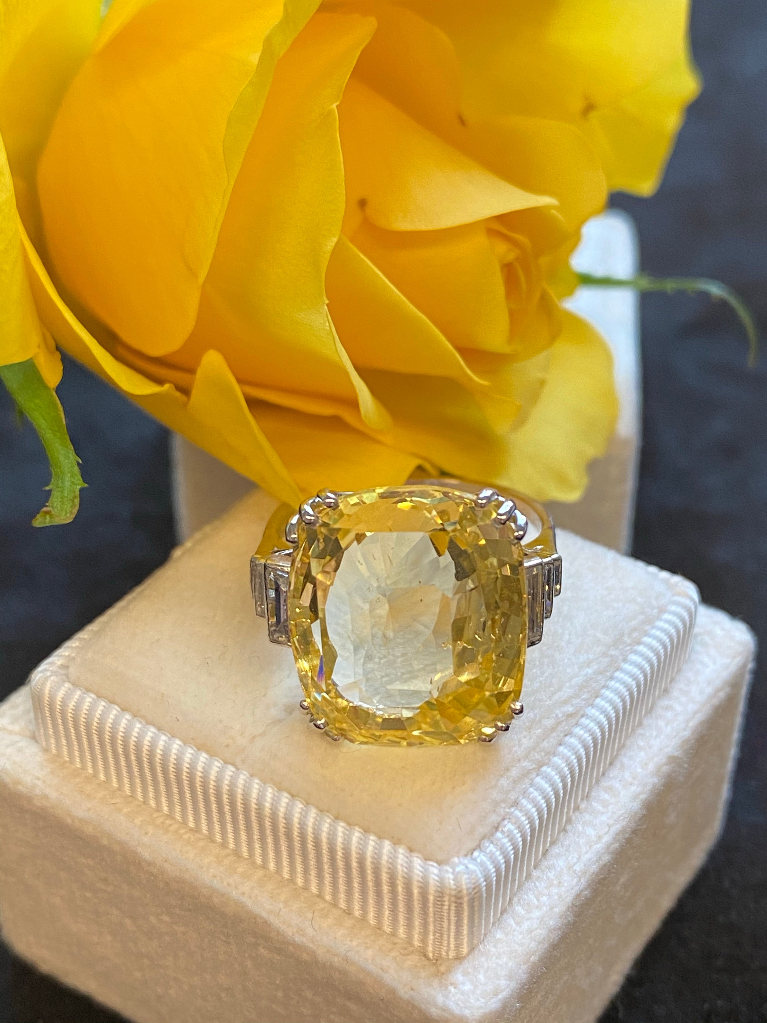 19.60 Carat Certified Unheated Yellow Sapphire and Diamond Art Deco Ring