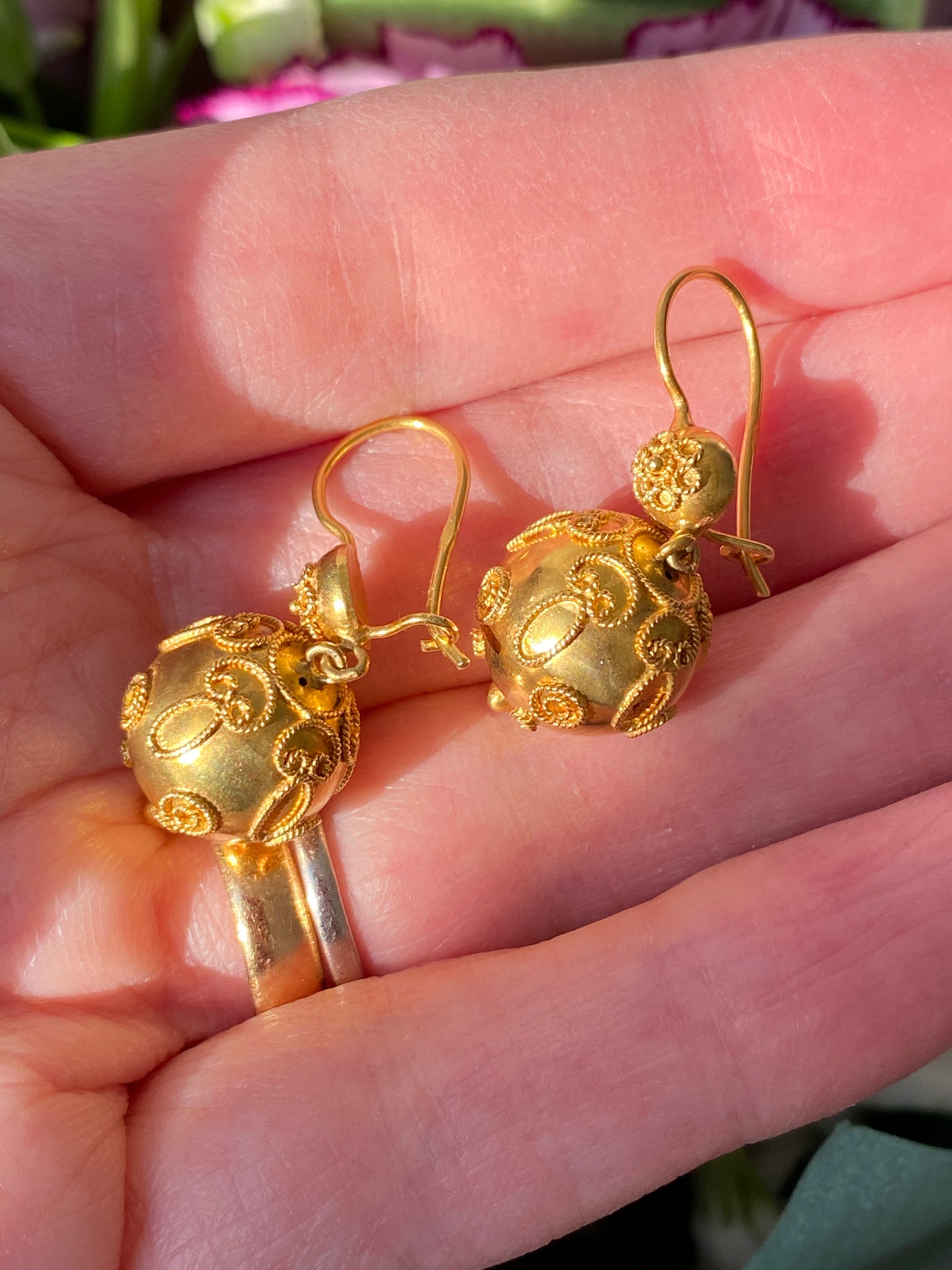 Vintage Etruscan Style Ball Drop Earrings in 14K Yellow Gold