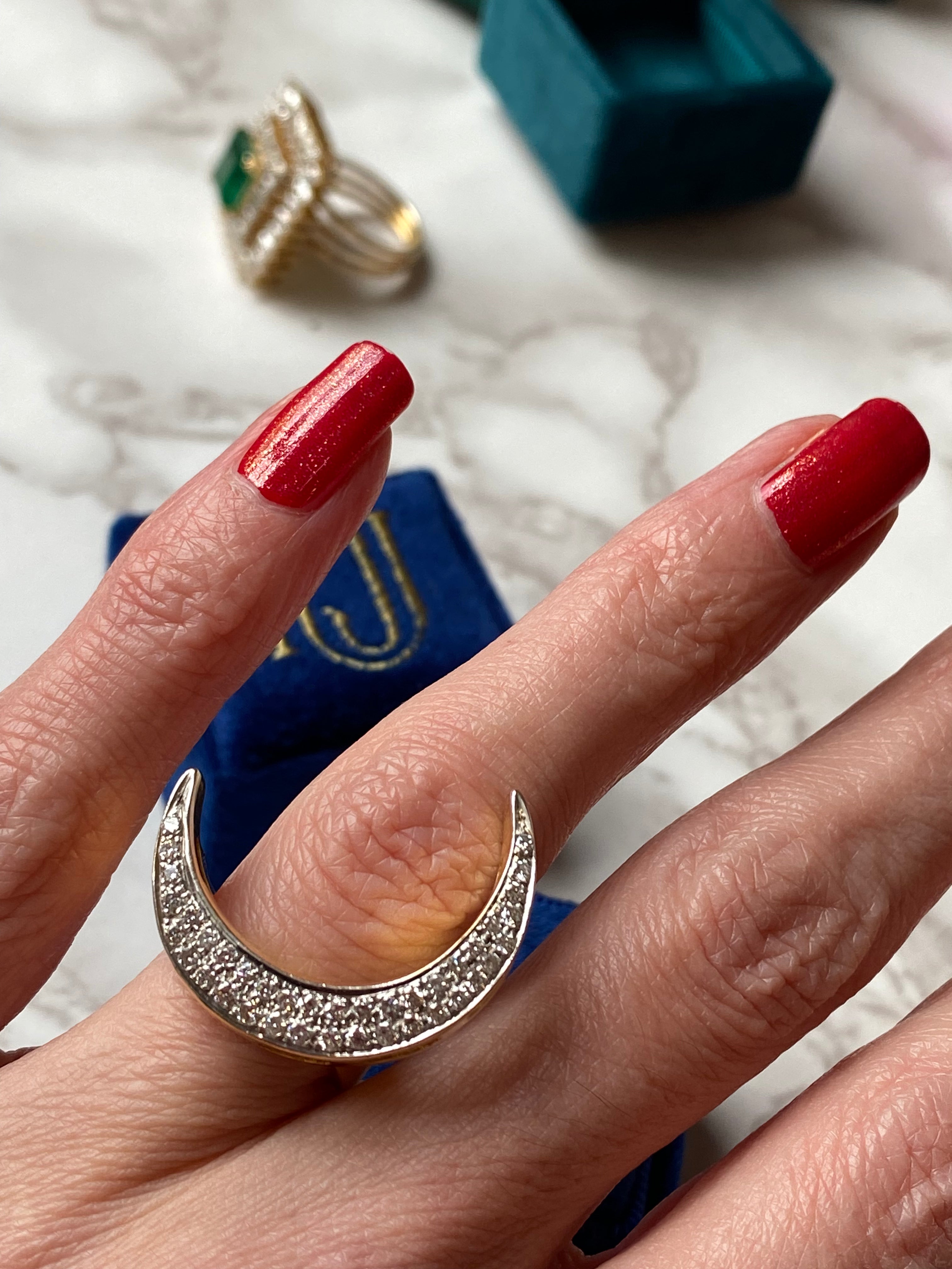 Diamond pave crescent moon cocktail ring in yellow gold 