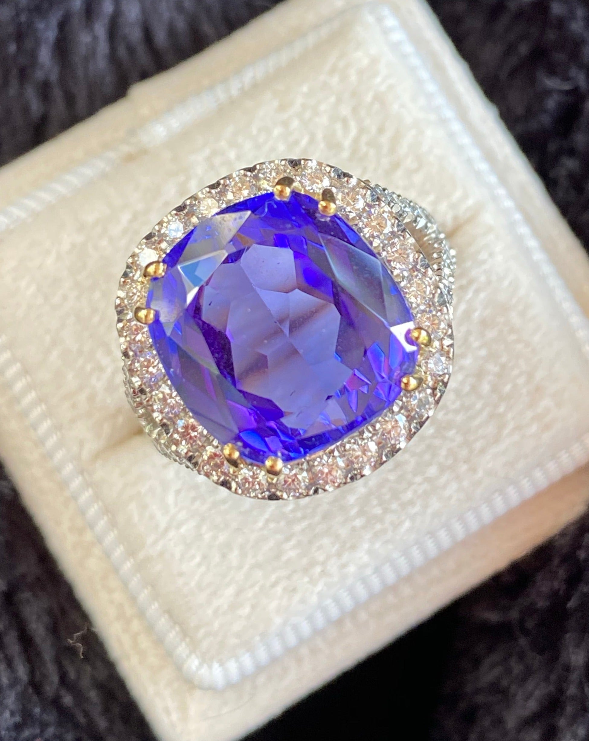 12 Carat Cushion Cut Tanzanite and Diamond Cocktail Engagement Ring in White Gold 