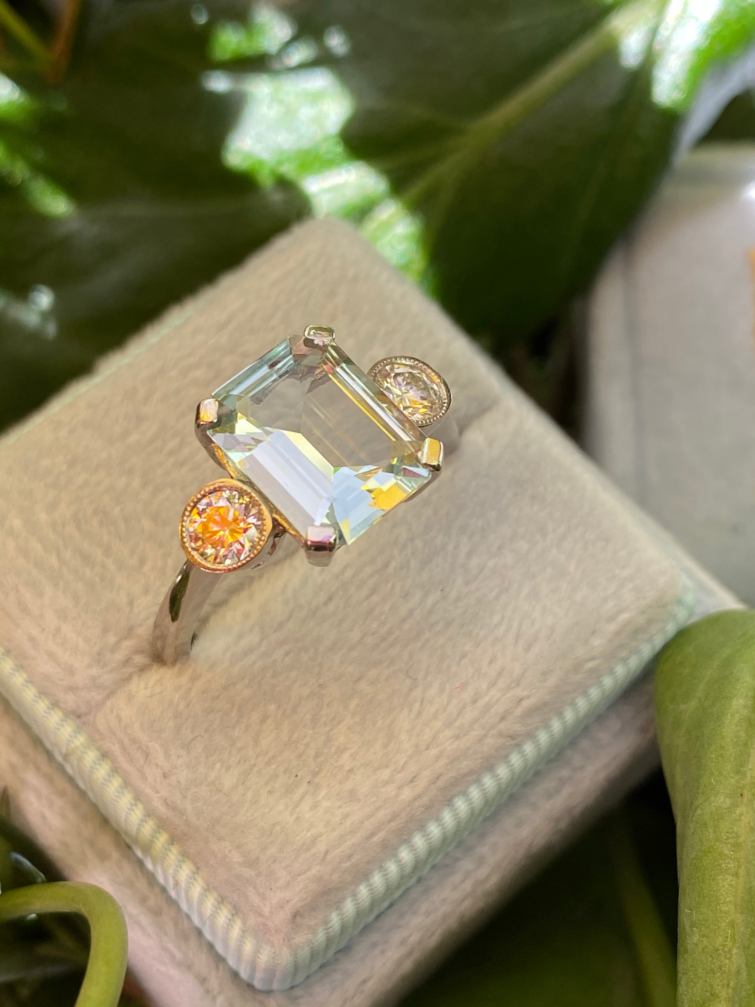 2.75 Carat Emerald Cut Aquamarine and Diamond Three Stone in Platinum