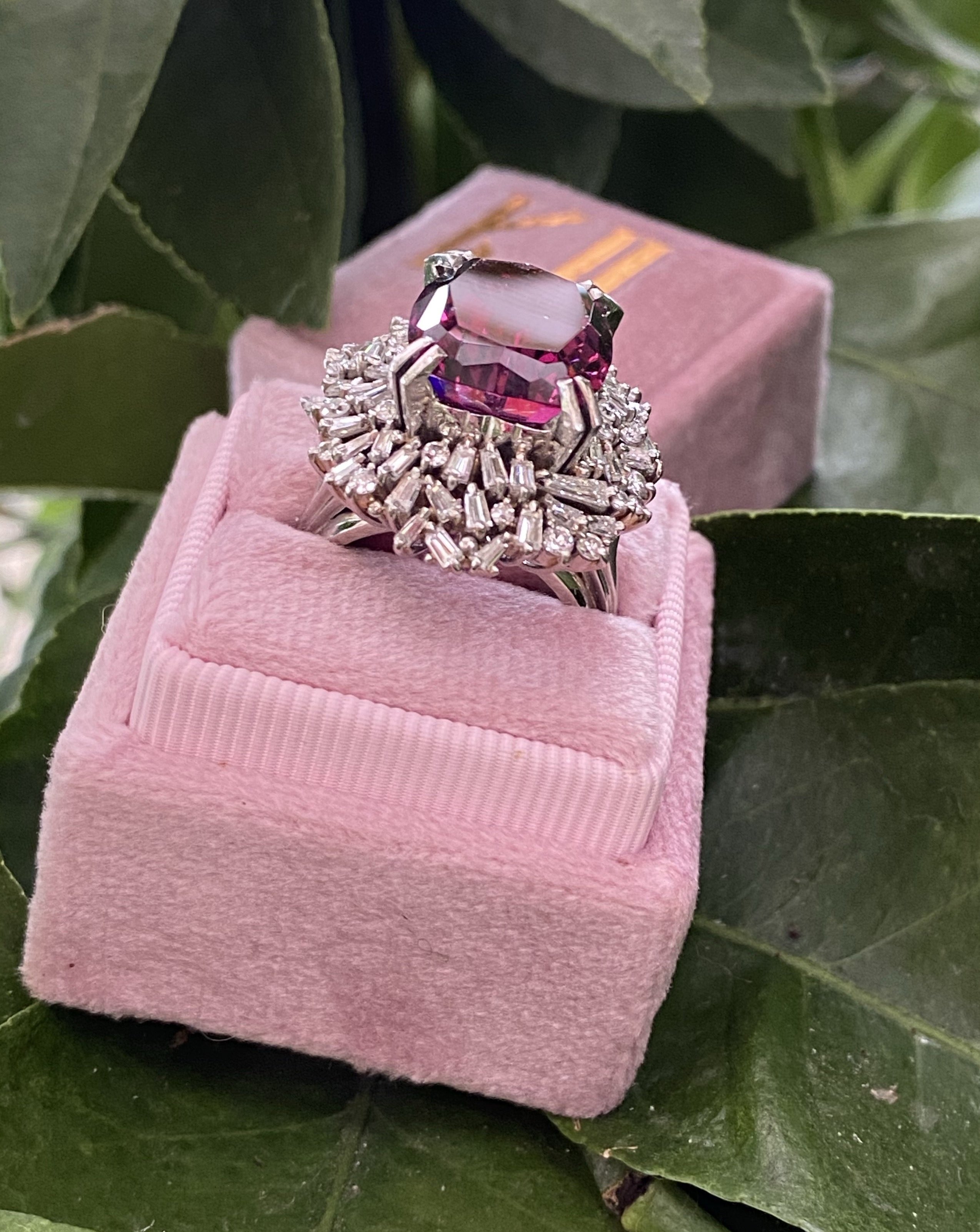 15 Carat Vintage Rhodolite Garnet and Diamond Halo Cocktail Ring in Platinum 