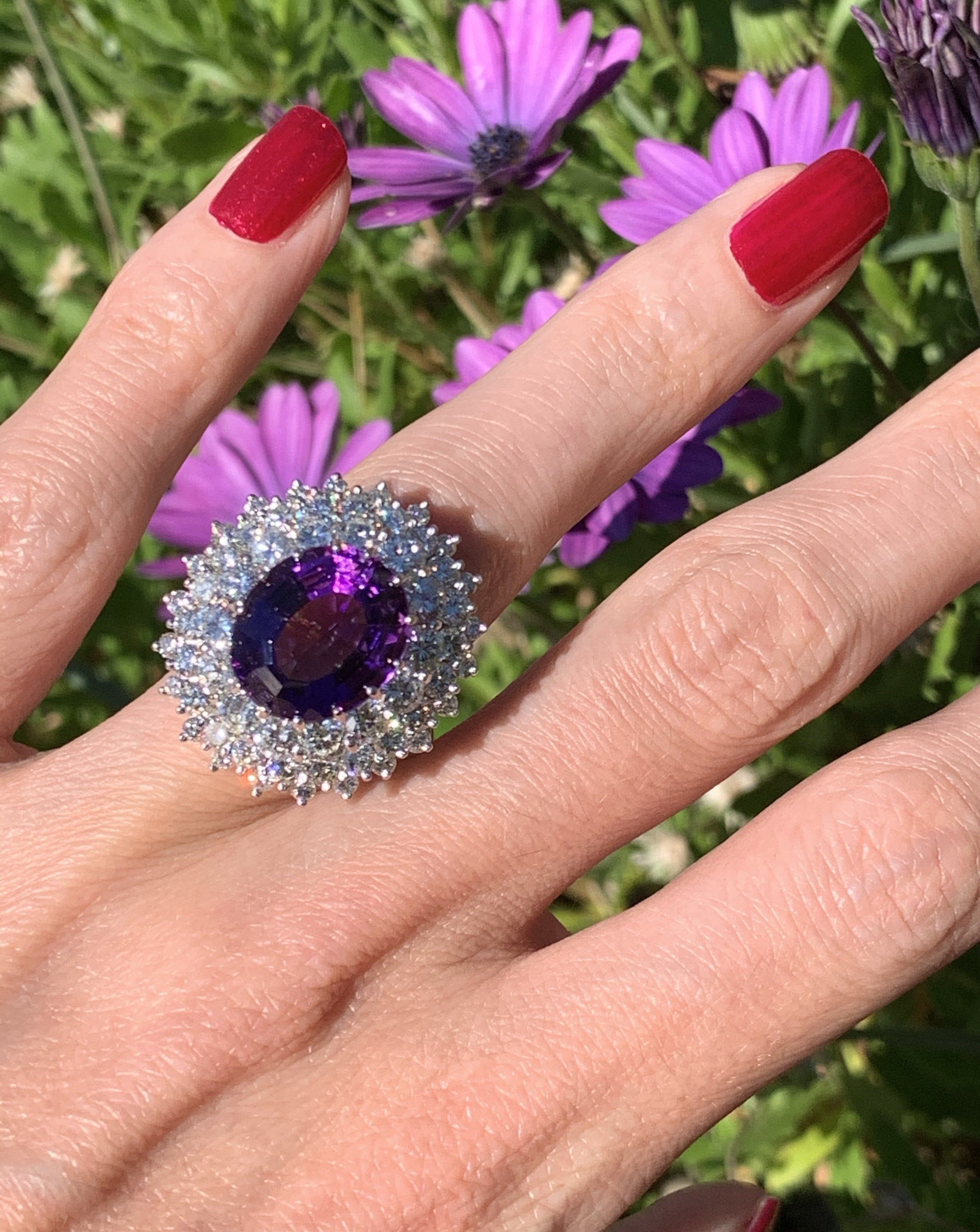 7.30 Carat Amethyst and Diamond Halo Ring in 18K White Gold 