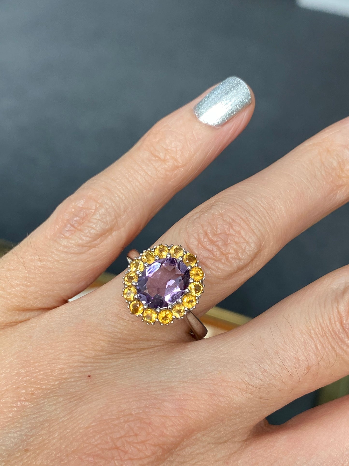 Oval-Cut Citrine and Amethyst Halo Cocktail Ring in Sterling Silver
