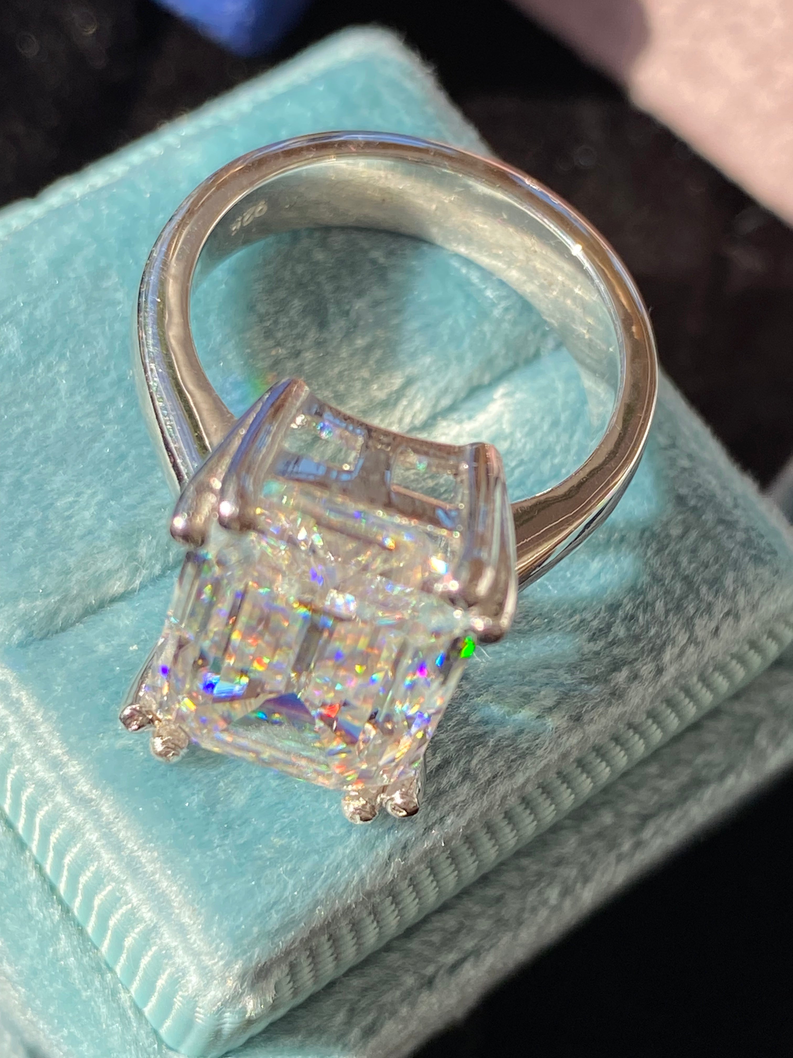 8.65 Carat Emerald Cut Moissanite Engagement Ring Katherine James Jewellery 