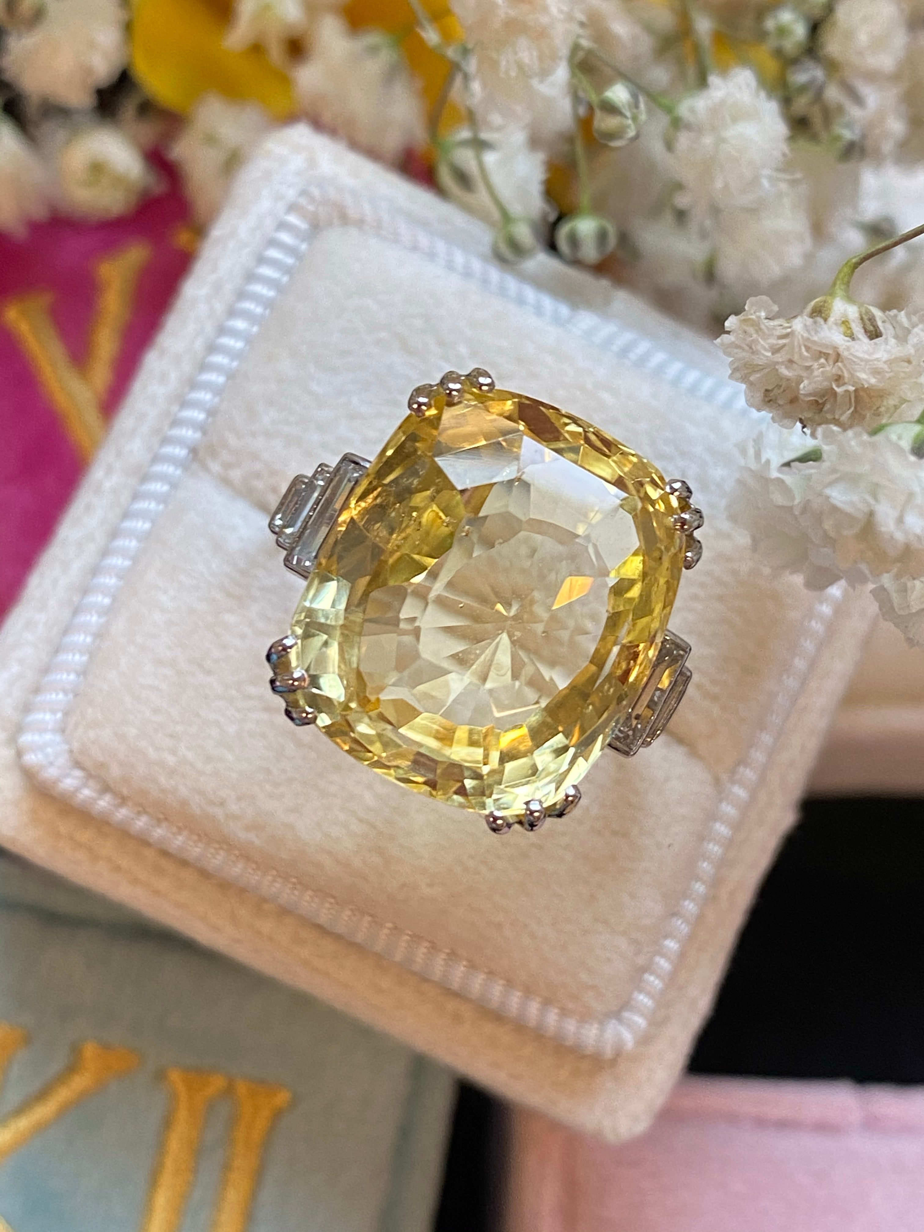 19.60 Carat Certified Unheated Yellow Sapphire and Diamond Art Deco Ring