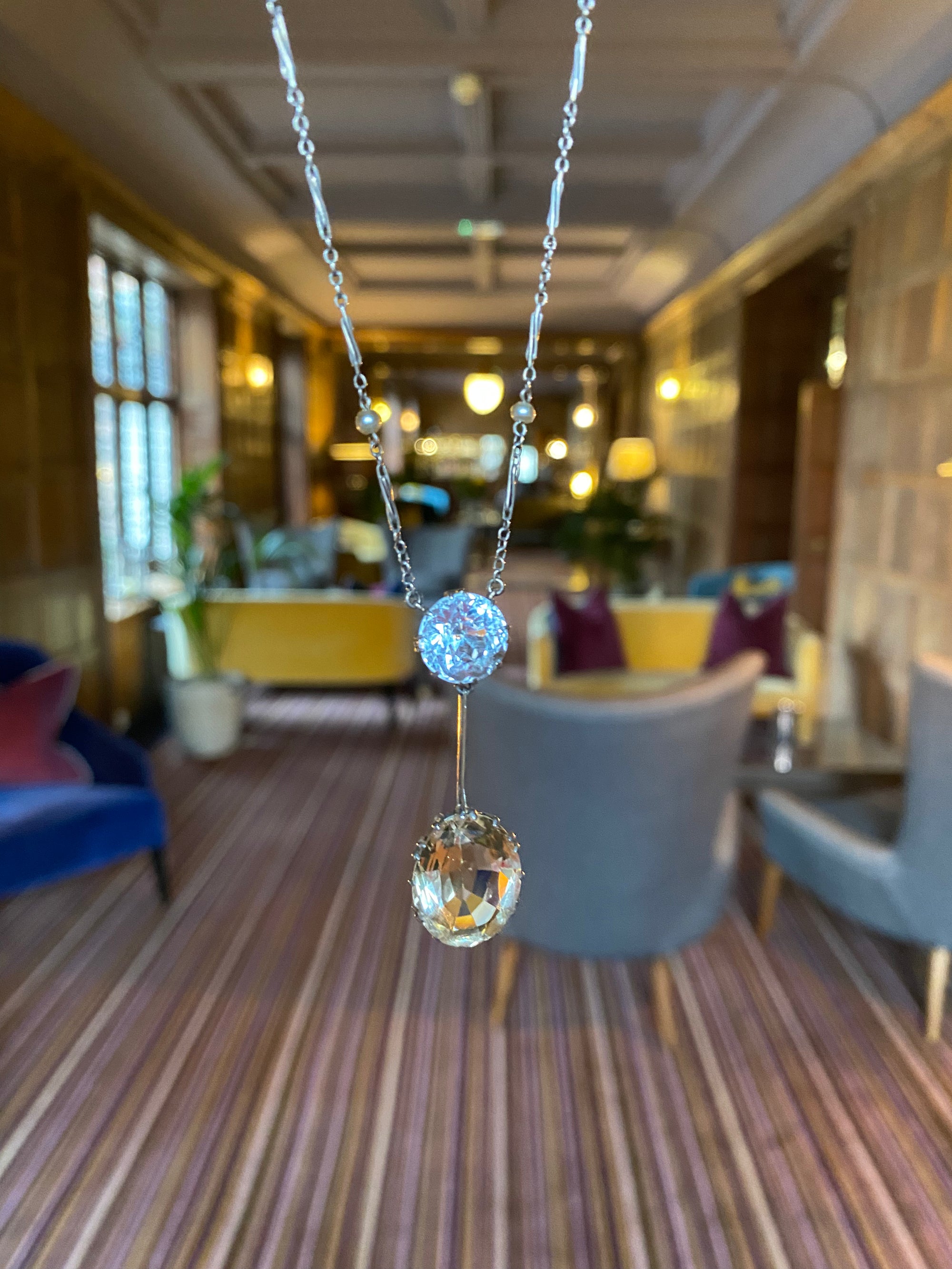 Edwardian 5.00 Carat Blue Zircon, 10.00 Carat Citrine and Seed Pearl Lavaliere Necklace