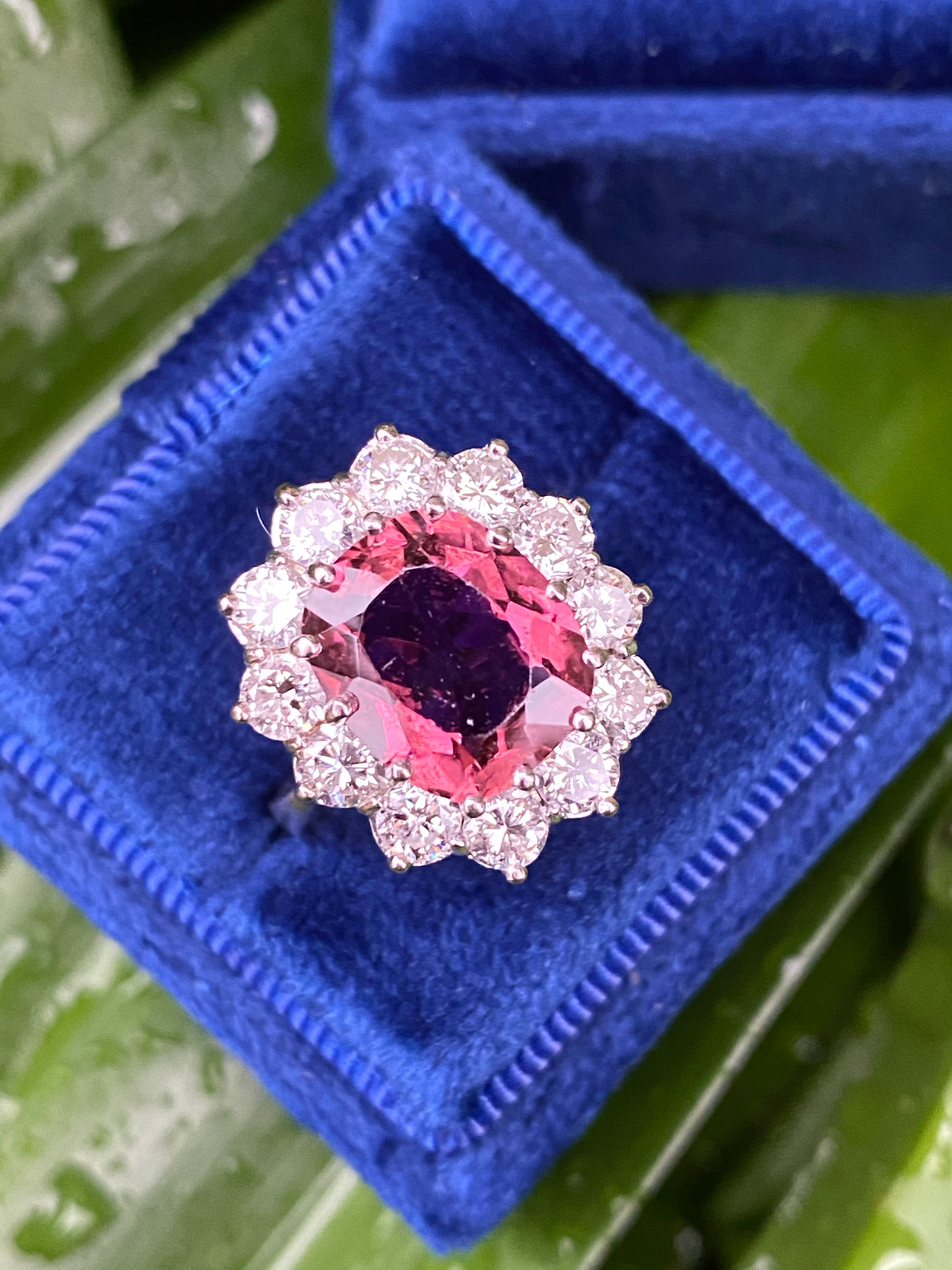 Pink Tourmaline and Diamond Halo Cocktail Ring in White Gold 