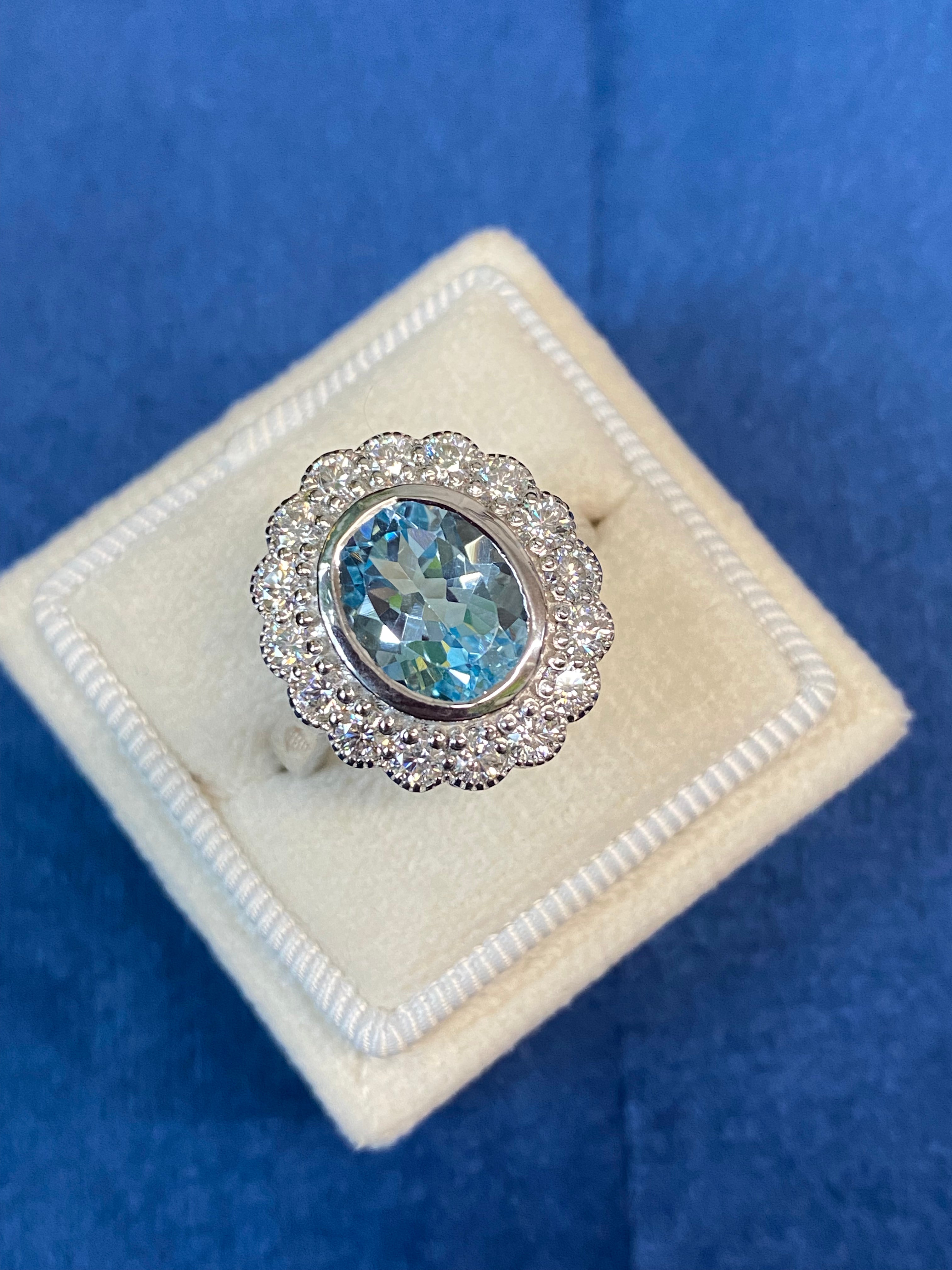 4.25 CTW Oval Cut Blue Topaz and Moissanite Halo Cocktail Ring