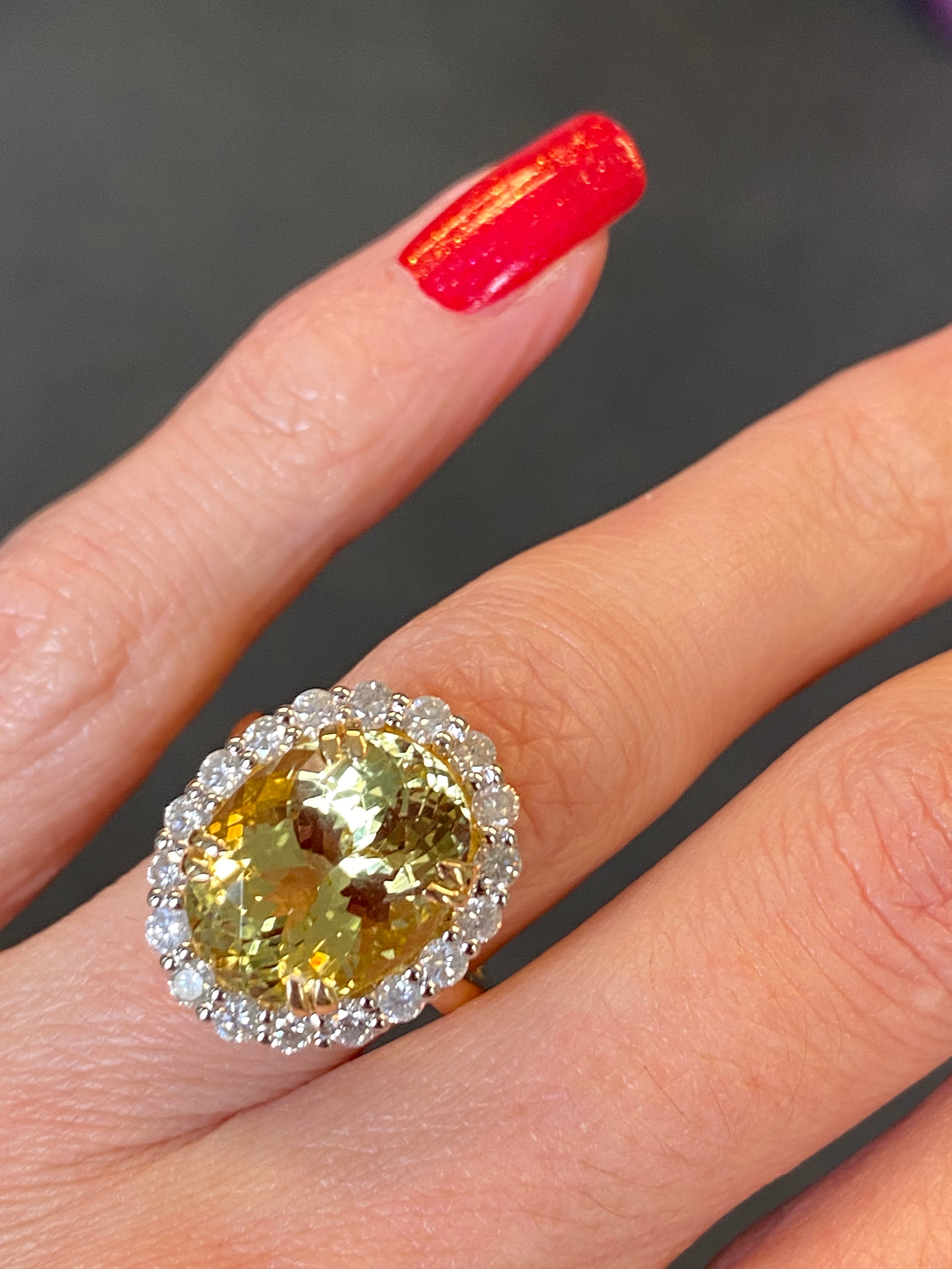 7.50ct Yellow Aquamarine and 1.00ct Diamond Halo Ring in 18ct Yellow Gold